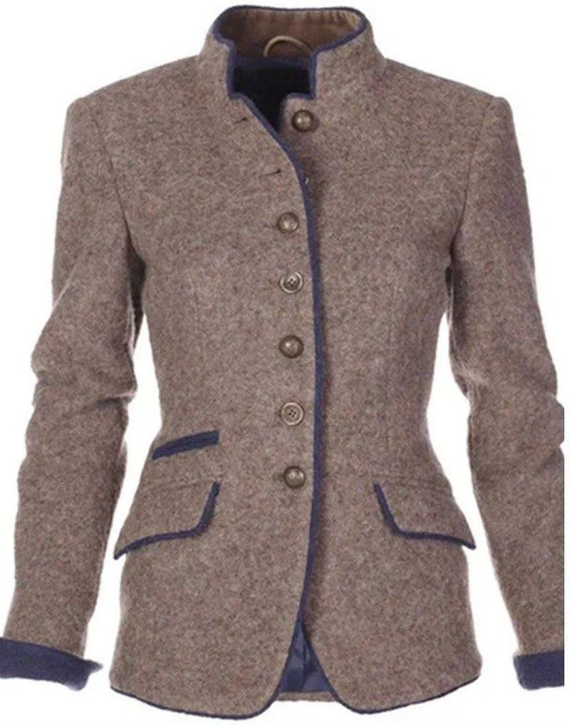 Women’S Blazer – Wool Blend – Tailored Fit – Double Breasted – Mandarin Collar – Contrast Trim