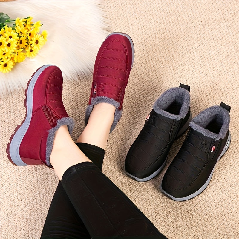 Ultra-Warm Winter Boots - Thick-Soled Boots with Insulation, Low Round Toe Design, Solid Color Minimalist Style for Outdoor Hiking. Synthetic Upper, PVC Sole, Fabric Lining, Hiking Boot Style