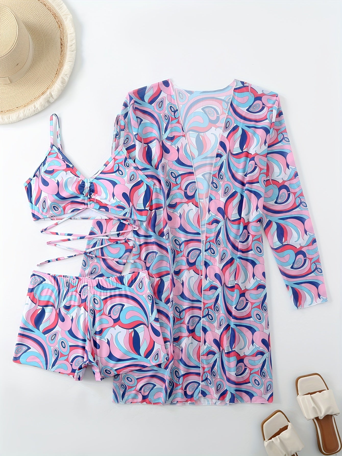 Women's Three-Piece Bikini Set with Bow Tie Cover-Up, New Style Swimwear for the Beach