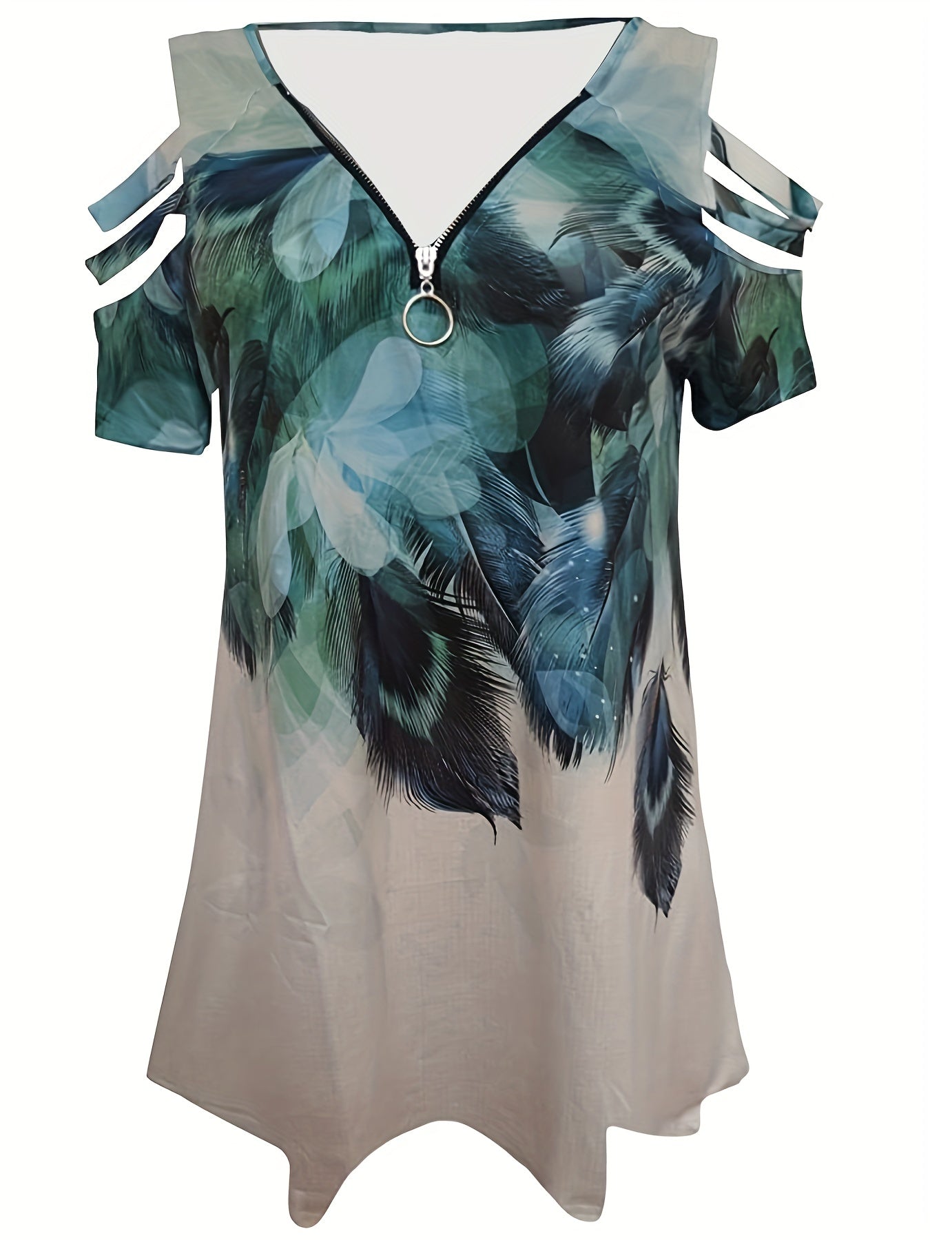 Plus Size V Hals Zip Bluse Med Blomsterprint Turkisblå