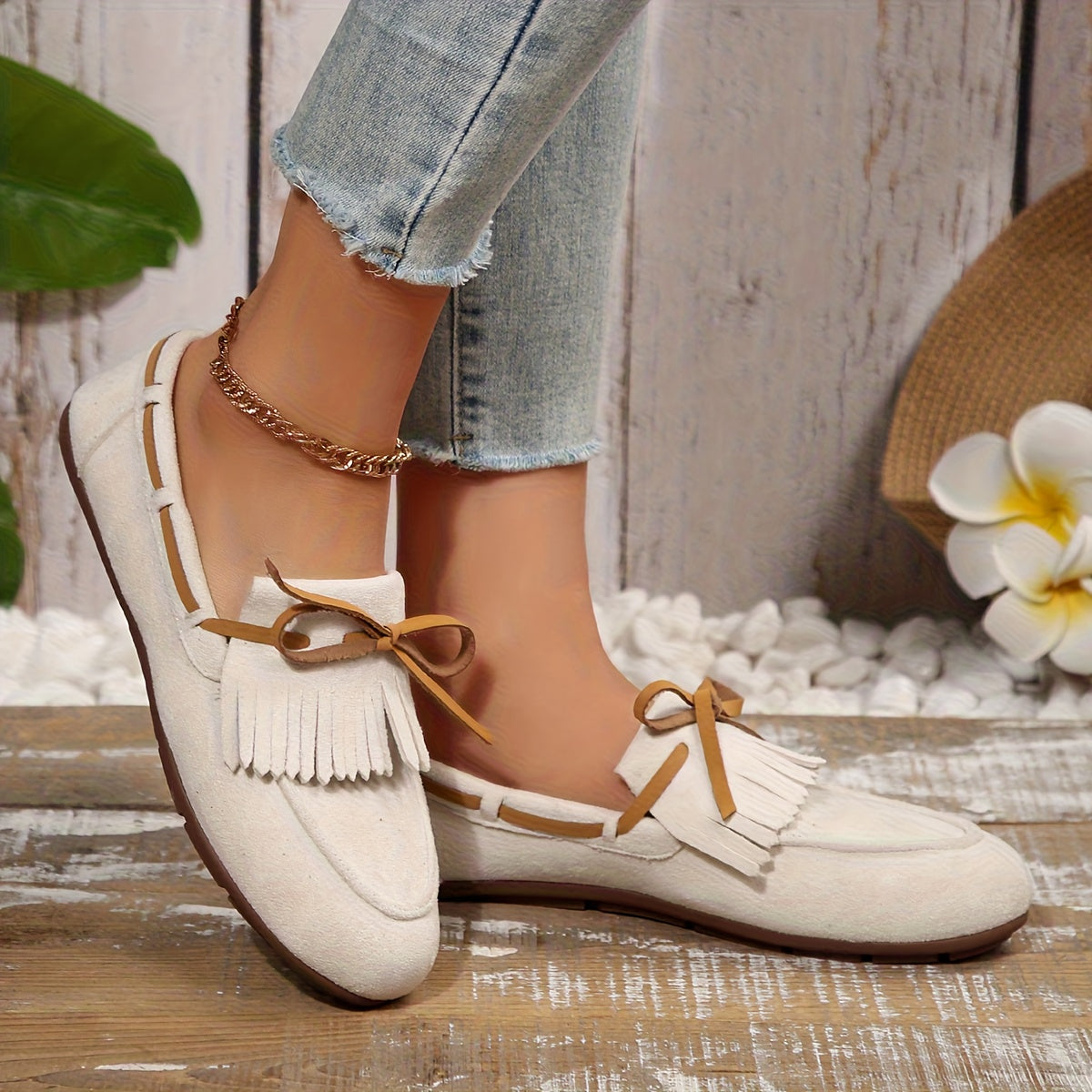 Women's Slip-On Moccasin Loafers - Beige Round-Toe Shoes with Fringe Tassel Strap & Beige Bow Accent, Soft Fabric Upper & Arch Support, All-Season Casual to Formal Footwear, Comfortable Slip-Resistant Rubber Sole (Hand Washable) - Beige Moccasin Loafers