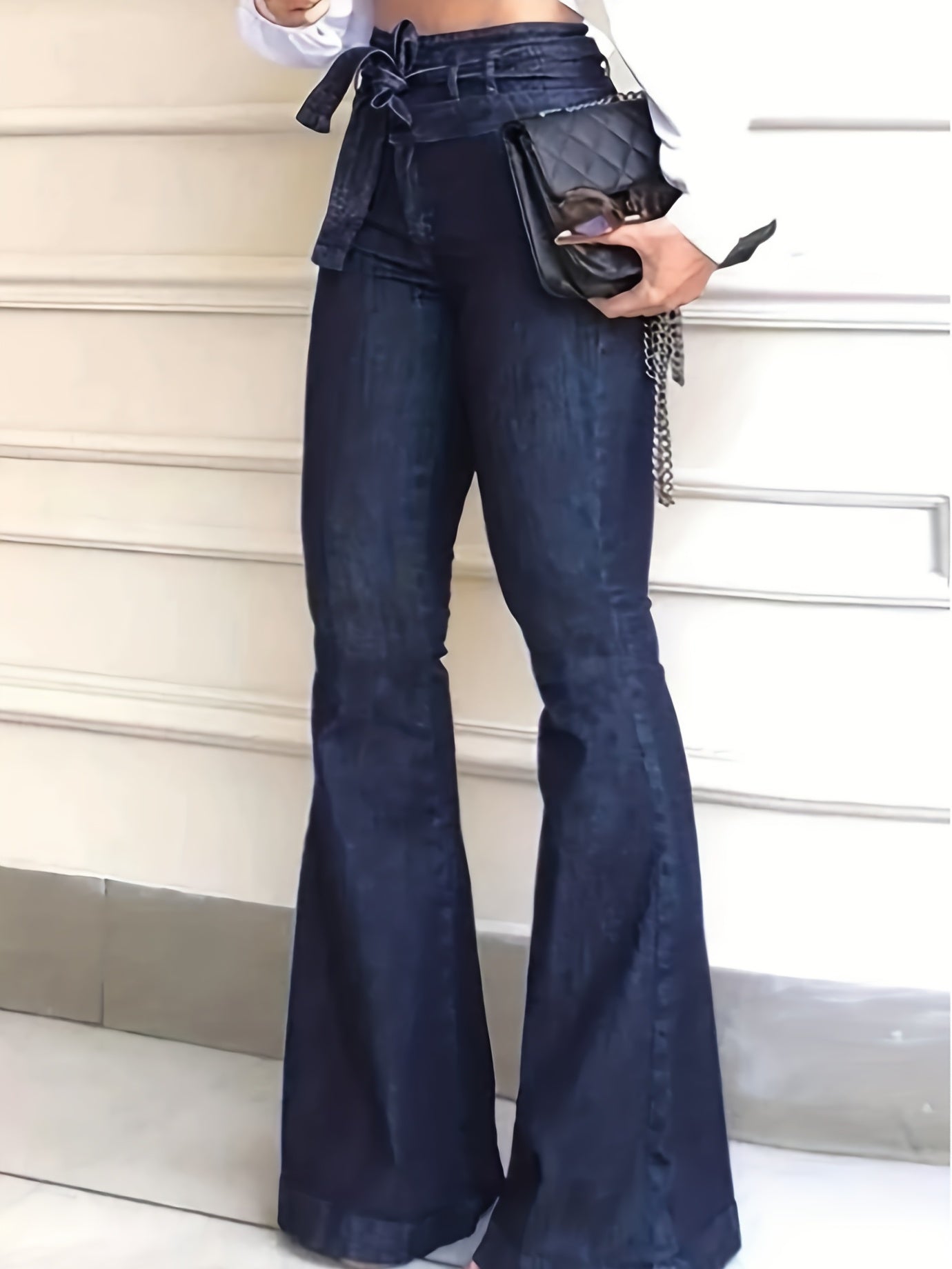 Women's High-Waisted Skinny Bell Bottom Jeans - Ripped Raw Hem Denim Pants with Belt Loops, Mid-Stretch Machine-Washable Fabric for Casual & Semi-Formal Outfits, Versatile Fashion Pants | Flared Leg Denim | Trendy Denim Style