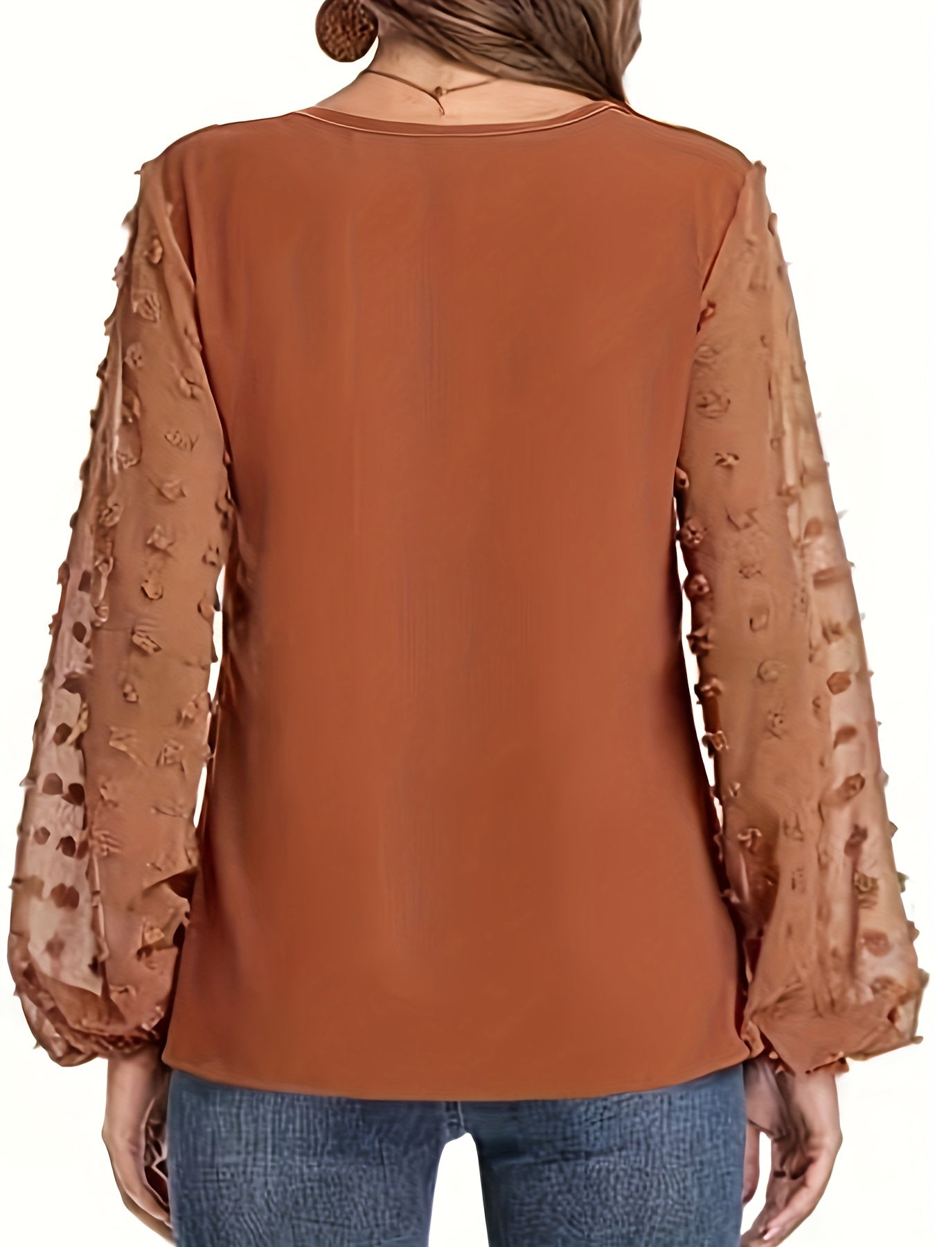 Swiss Dot Sleeve Shirt, Casual V Neck Solid Shirt For Spring & Fall, Women's Clothing