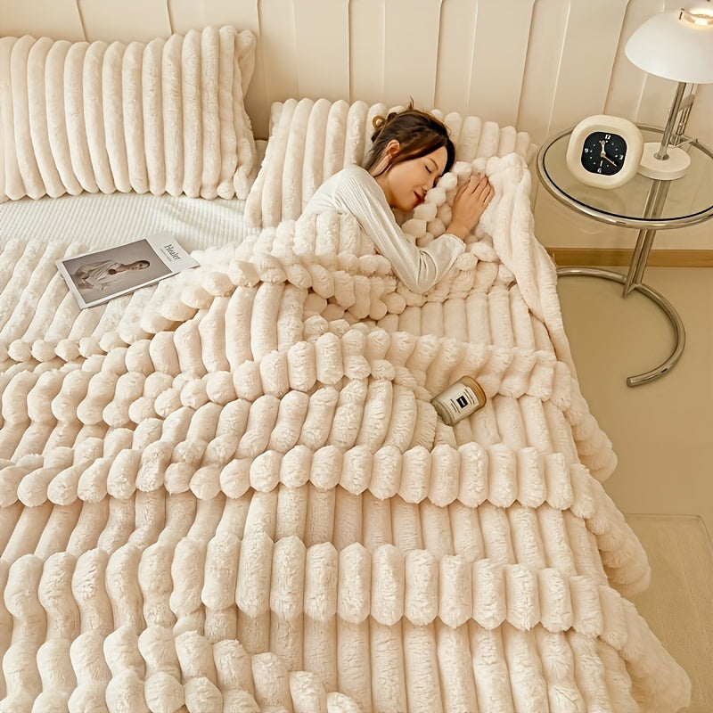 Champagne Plush Double-Layer Throw Blanket, Soft & Warm Knitted Bed Cover, Contemporary Style, All-Season Use, Machine Washable, 250-300g Polyester, Ideal for Couch, Bed, Office, Travel, and Siesta - Perfect Christmas Gift