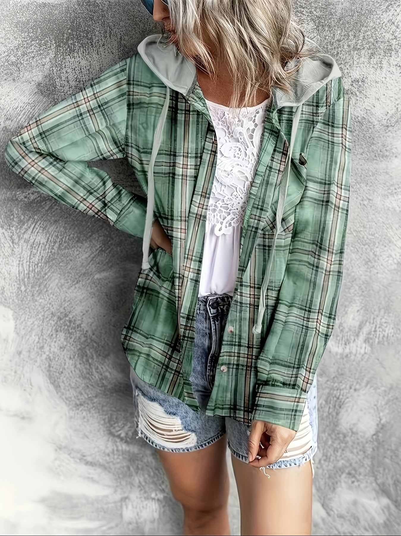 Women's Green Plaid Hoodie Jacket - Button-Front Hooded Cardigan, Long Sleeve Non-Stretch Outerwear for Spring/Fall/Summer Layering, Everyday Casual Outfits (Non-Stretch Fabric), Fall Fashion, Relaxed Fit, Structured Fabric, Spring Wardrobe