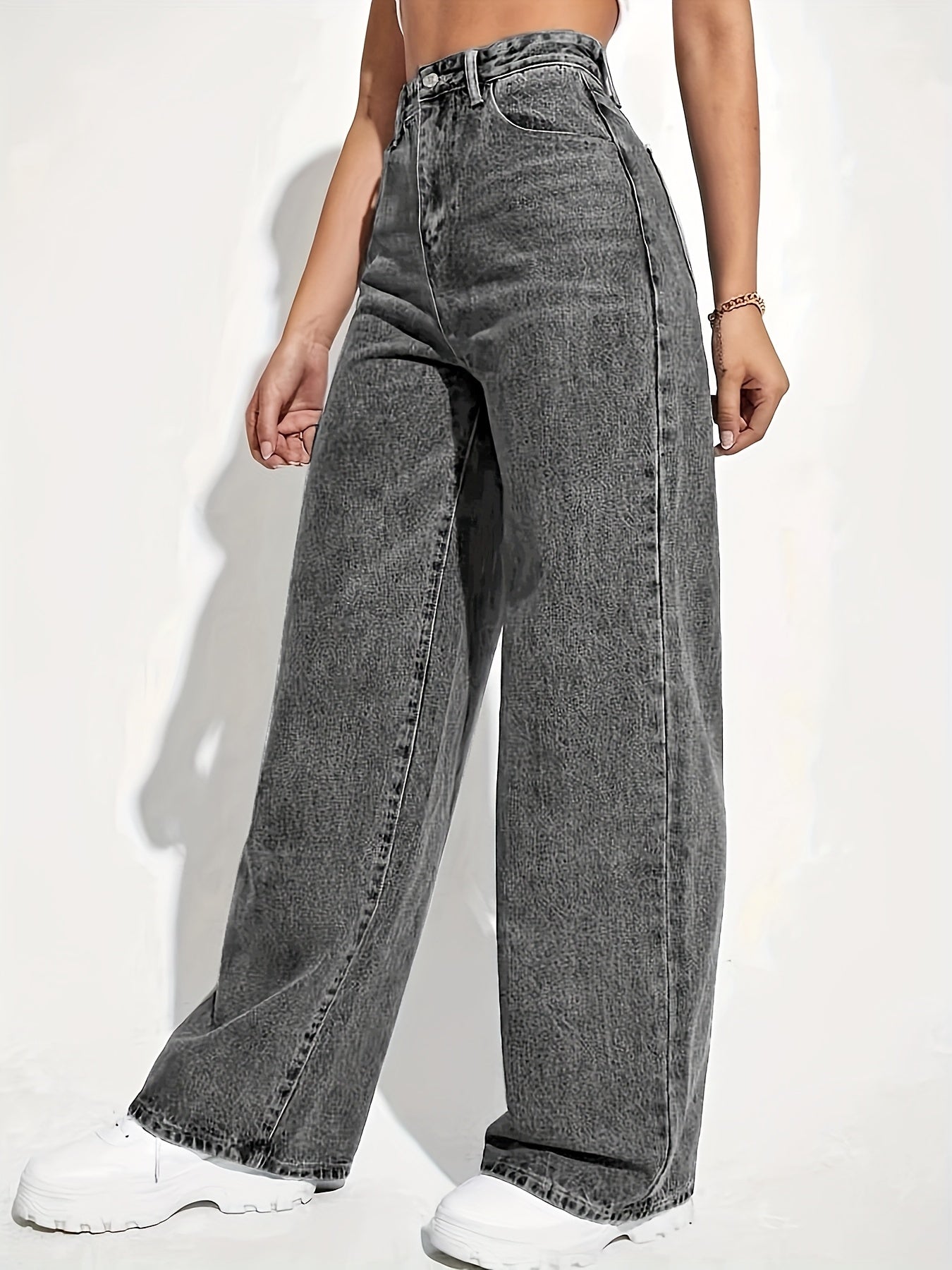 Elegant High-Waisted Straight Leg Jeans for Women, 63.0% 28.0% Polyester 8.0% Viscose 1.0% Elastane, All-Season Solid Color Washed Denim with Zipper Fly Closure, Casual Casual Attire|Classic Denim Style|Stretchy Fabric Pants