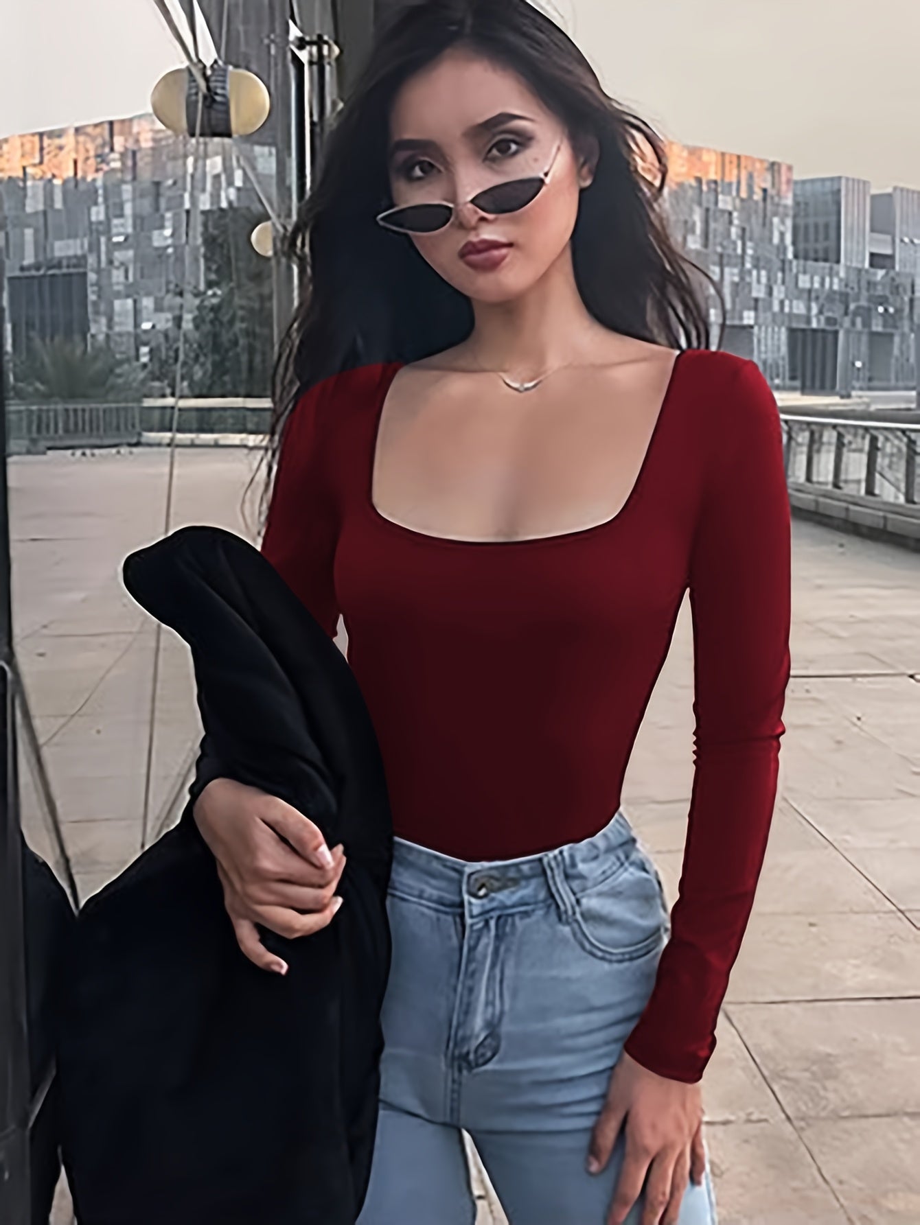 Women's Slim-Fit Sexy Long Sleeve Strapless Square Neck Jumpsuit - Solid Black Elegant One-Piece with Keyhole Neckline, Machine Washable, Versatile for Casual to Formal Events, Party & Casual Attire