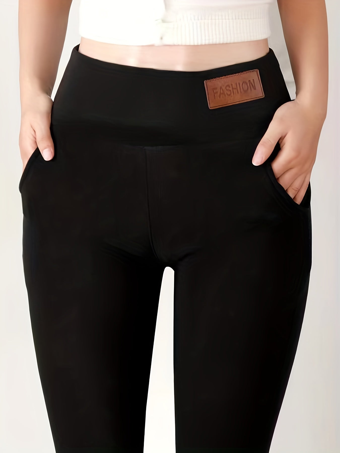 Solid Sherpa Warm Plush Lined Leggings, Casual Elastic Pocket Long Length High Waist Leggings, Women'S Clothing