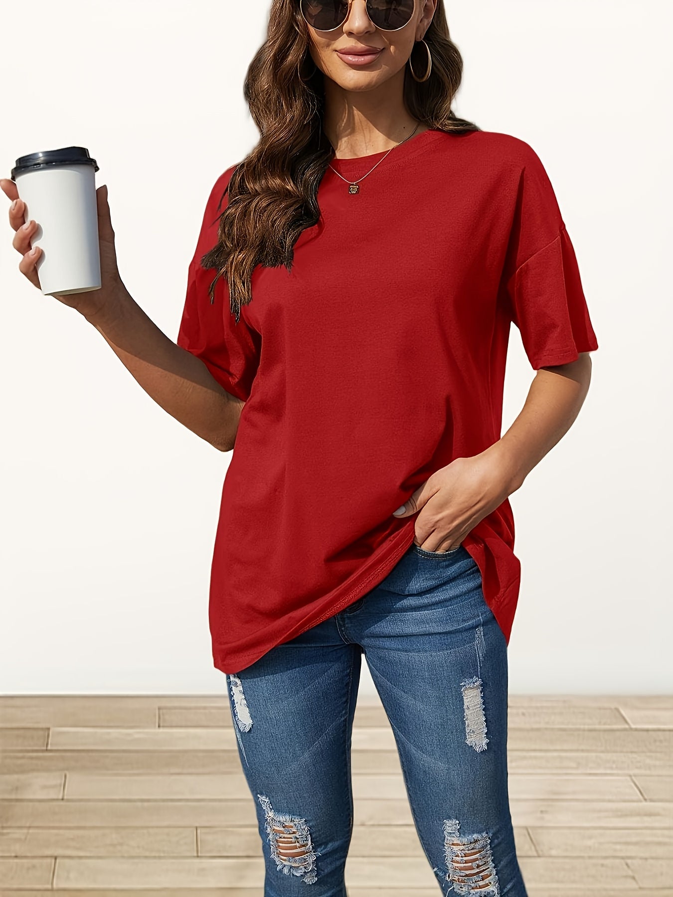 Oversized Rosa T Shirt Rund Hals Sommer Bluse Løst