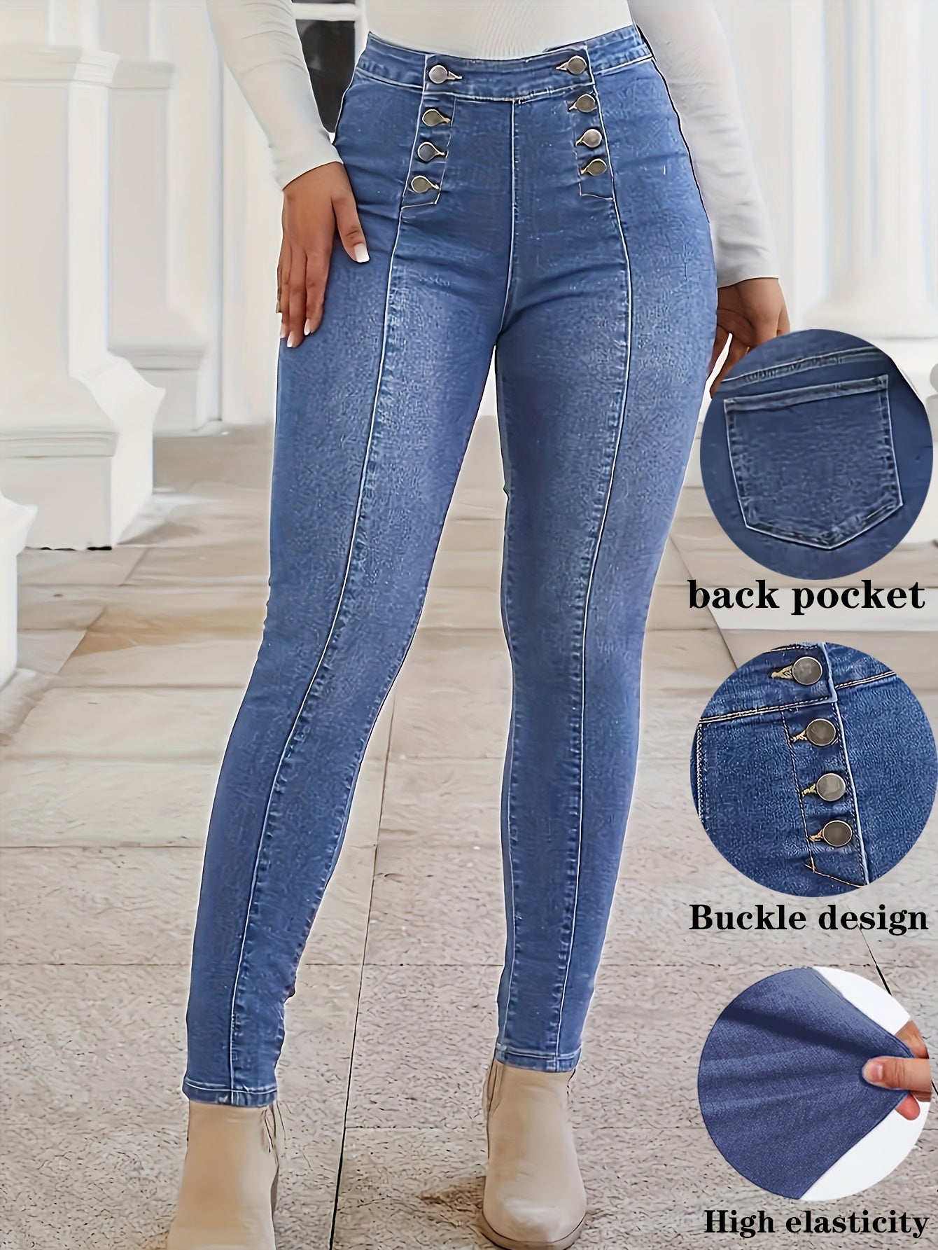 Button Fly Pintuck Skinny Jeans, Double-breasted Medium Stretch Vintage Style Denim Pants, Women's Denim Jeans & Clothing suit for autumn