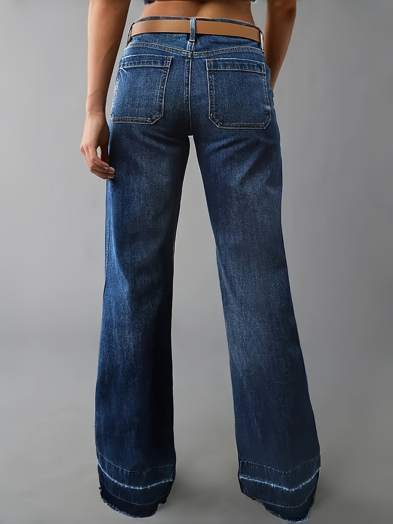 Women'S Fashionable Wide-Leg Jeans with Diamond Patch Pockets - Casual Blue Denim, Mid Waist, Boot Cut, All-Season Wear, Casual Attire Jeans|Bootcut Jeans|Polyester Fabric