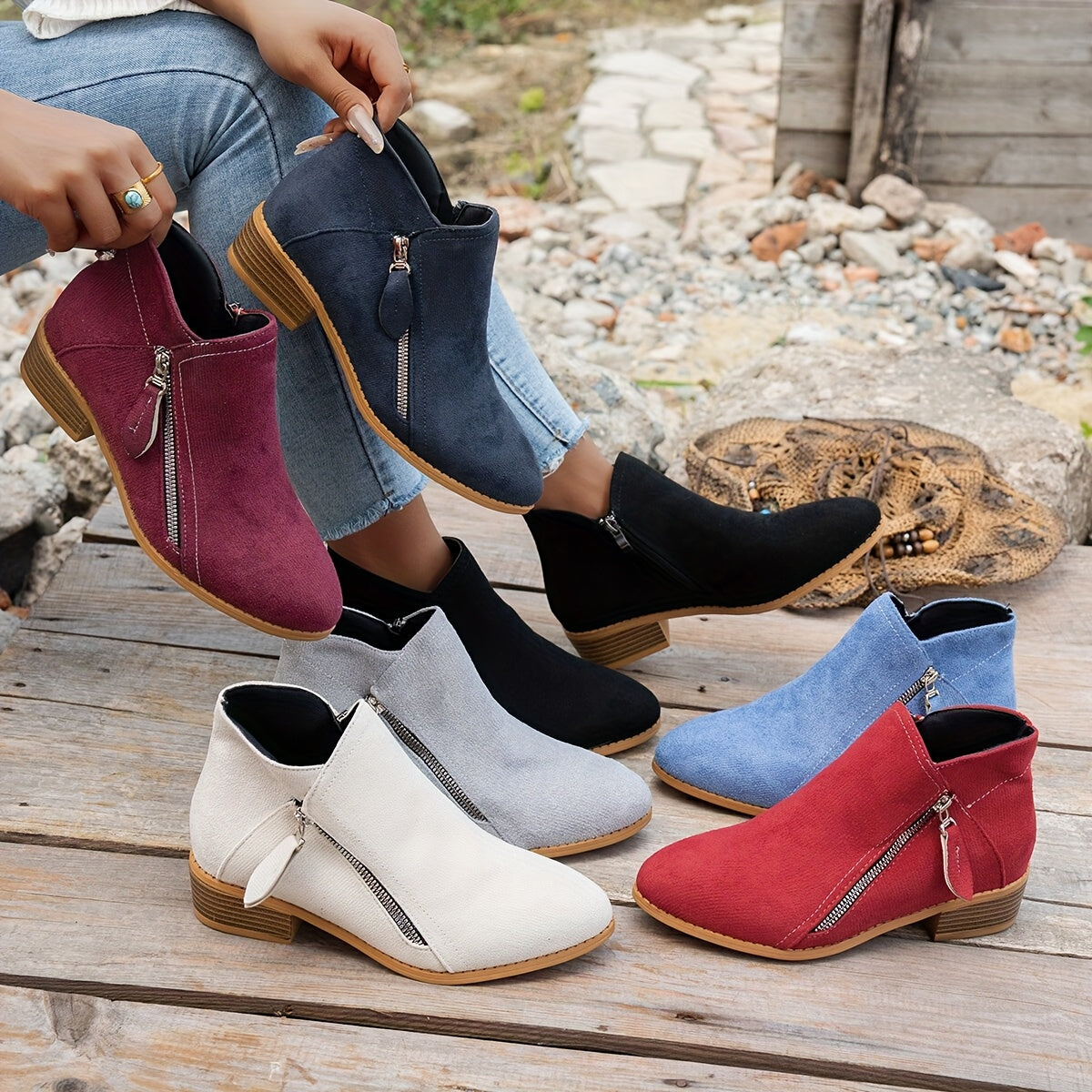MZMQS Women'S Chunky Heel Ankle Boots - Low Block Heel, Pointed Toe, Zipper Closure, Fabric Upper & TPR Sole, Casual Winter Boots for Everyday & Travel, Everyday Ankle Boots | Zipper Closure Boots | Durable Fabric Boots