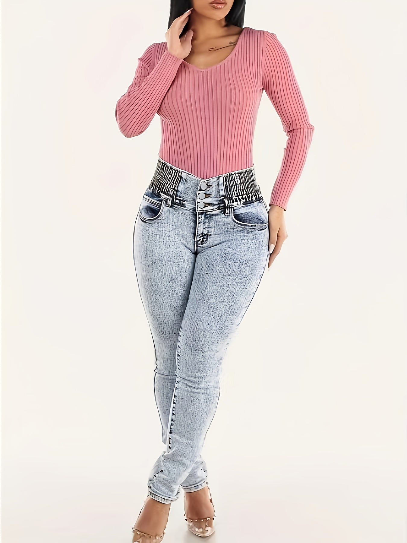 [Casual Chic] Women's High-Waist Lift & Shape Skinny Jeans - Stretch Denim with Slash Pockets, Mid-Rise, Light Wash, Comfort Fit for All Seasons