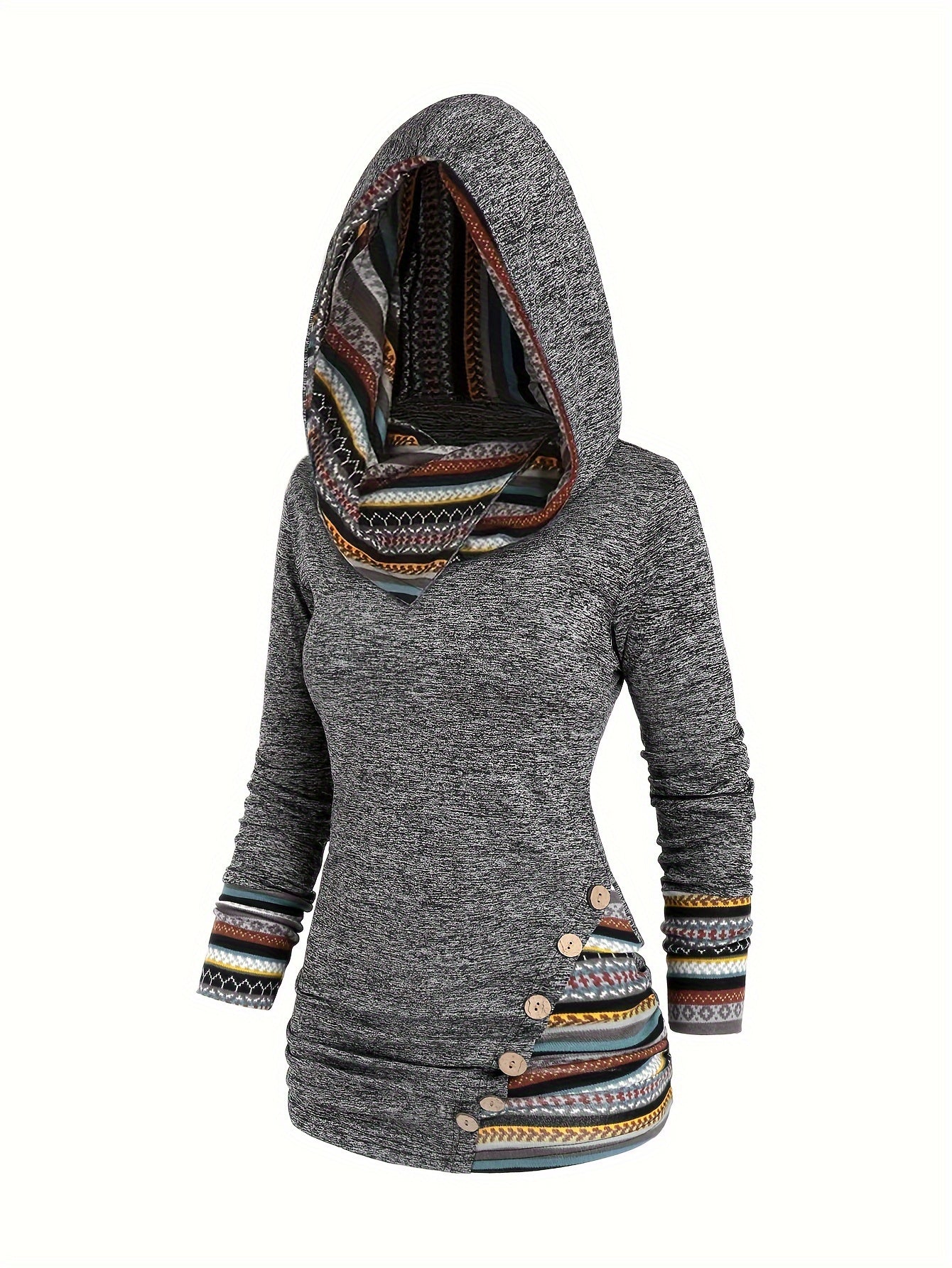 Women's Y2K Retro Geometric Striped Hooded Top - Ethnic Pattern Long Sleeve Faux Button Front, High Elasticity Machine-Washable Fall Winter Elegant Casual Chic Long Length Blouse, Elegant Long Sleeve Button Blouses, Highelasticity Knitwear