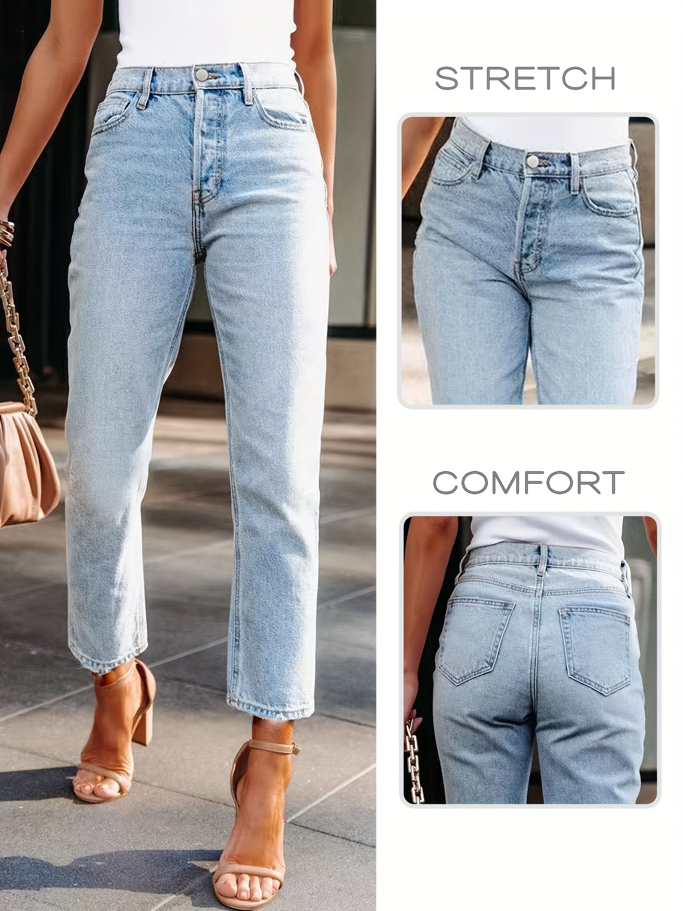 Women'S Summer Stretch Denim Mid-Rise Jeans - Elegant Light Blue Straight-Leg Trousers with Pockets, Comfortable & Breathable for Travel & Work, High-Waisted Design, Button Detail, All-Season Wear, High Waisted Jeans, Stylish Casual Wear, Durable Fabric