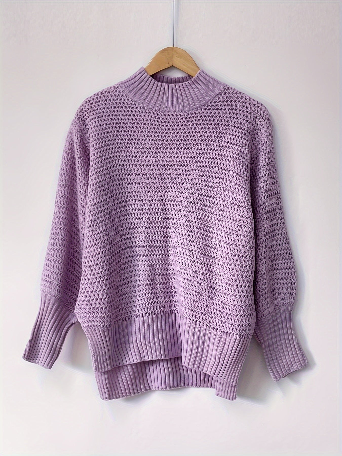 Autumn And Winter Half-High Collar Solid Color Long-Sleeve Knitted Sweater for Women, Featuring a Textured Design with a Front Short And Back Long Cut, Perfect for Elegant Commuting.
