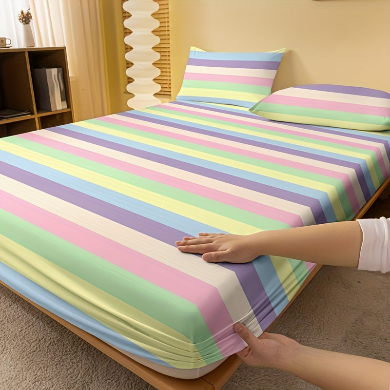 1pc Striped Brushed Fitted Sheet, Soft Comfortable Bedding Mattress Protective Cover, For Bedroom, Guest Room, With Deep Pocket, Fitted Bed Sheet Only