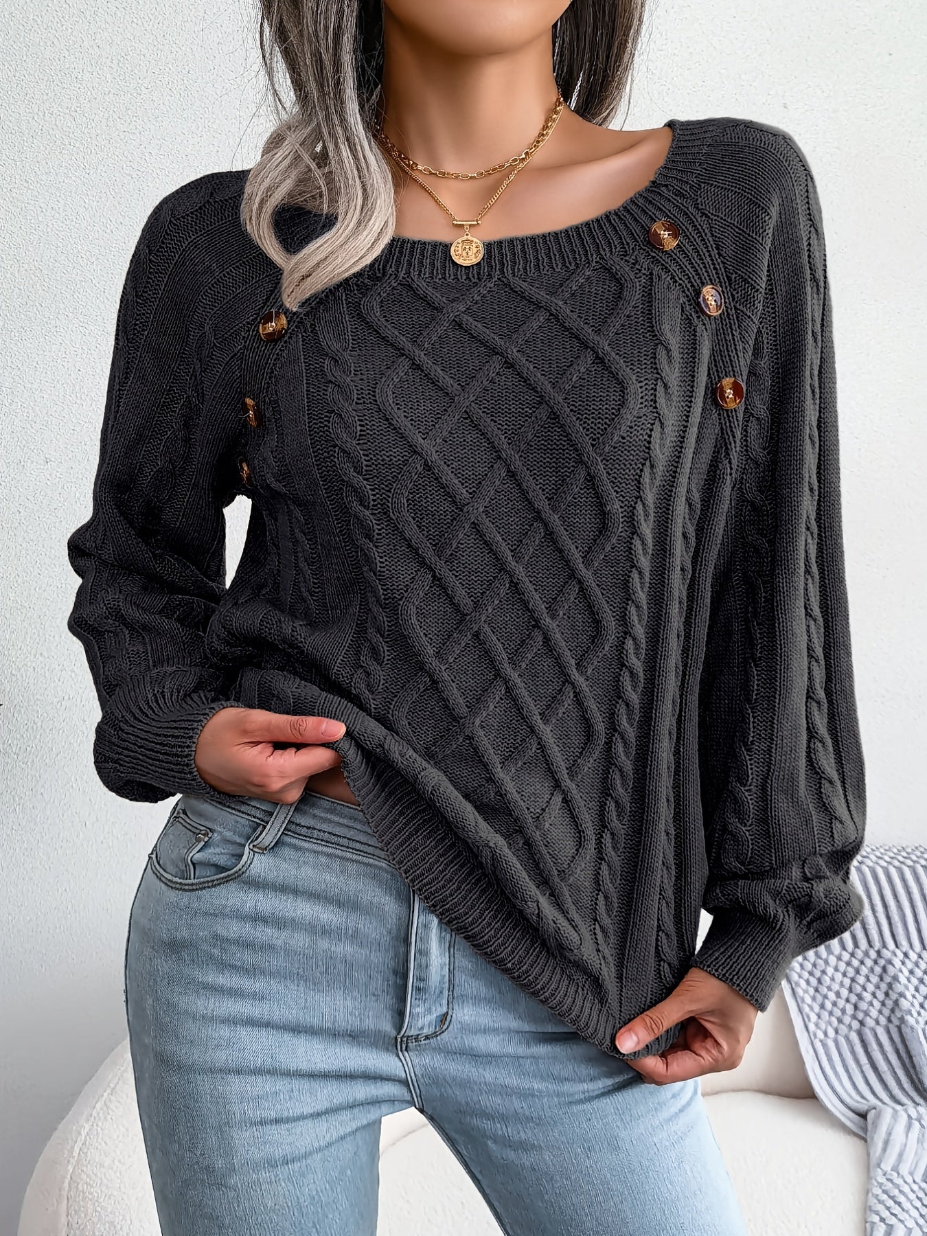 Women's Sweater Round Neck Texture Button Lantern Sleeve Sweater