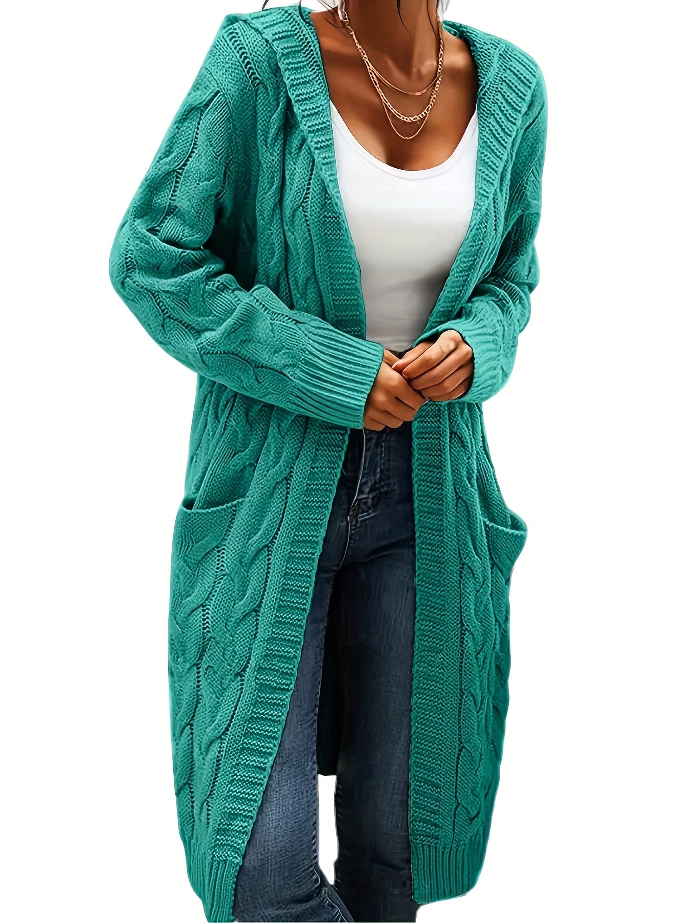 Women's Mid-Length Hooded Cardigan - Soft Stretchy Solid Color Long Sleeve Open Front Sweater with Pockets, Machine Washable Casual Elegance for Fall Winter, Everyday Comfort Wear, Stylish Hooded Design, Comfortable Fit