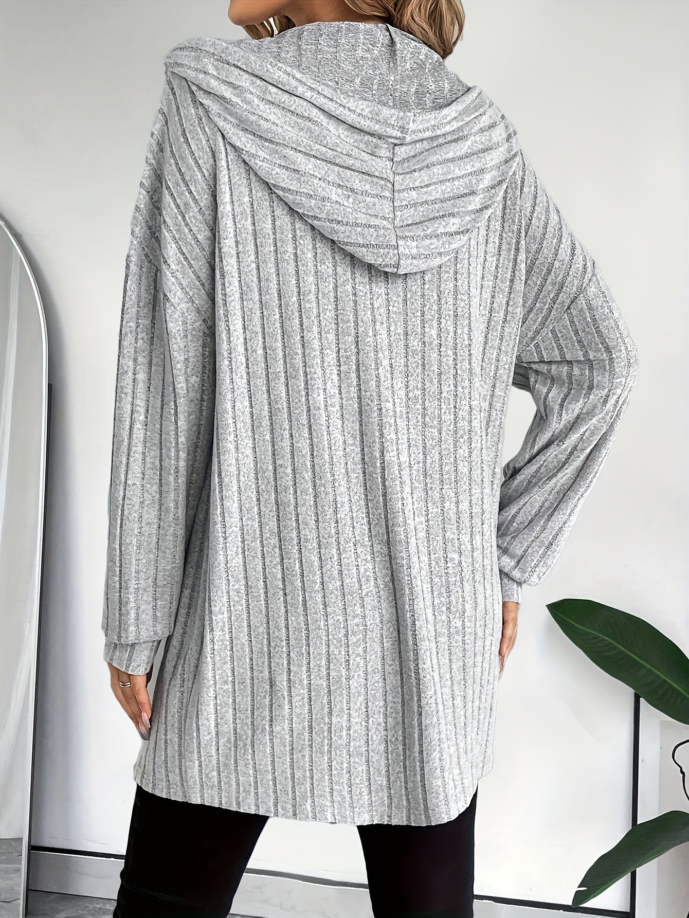 Zip-up Drawstring Hoodie Ribbed Top, Casual Long Sleeve Cardigan For Spring & Fall, Women's Clothing