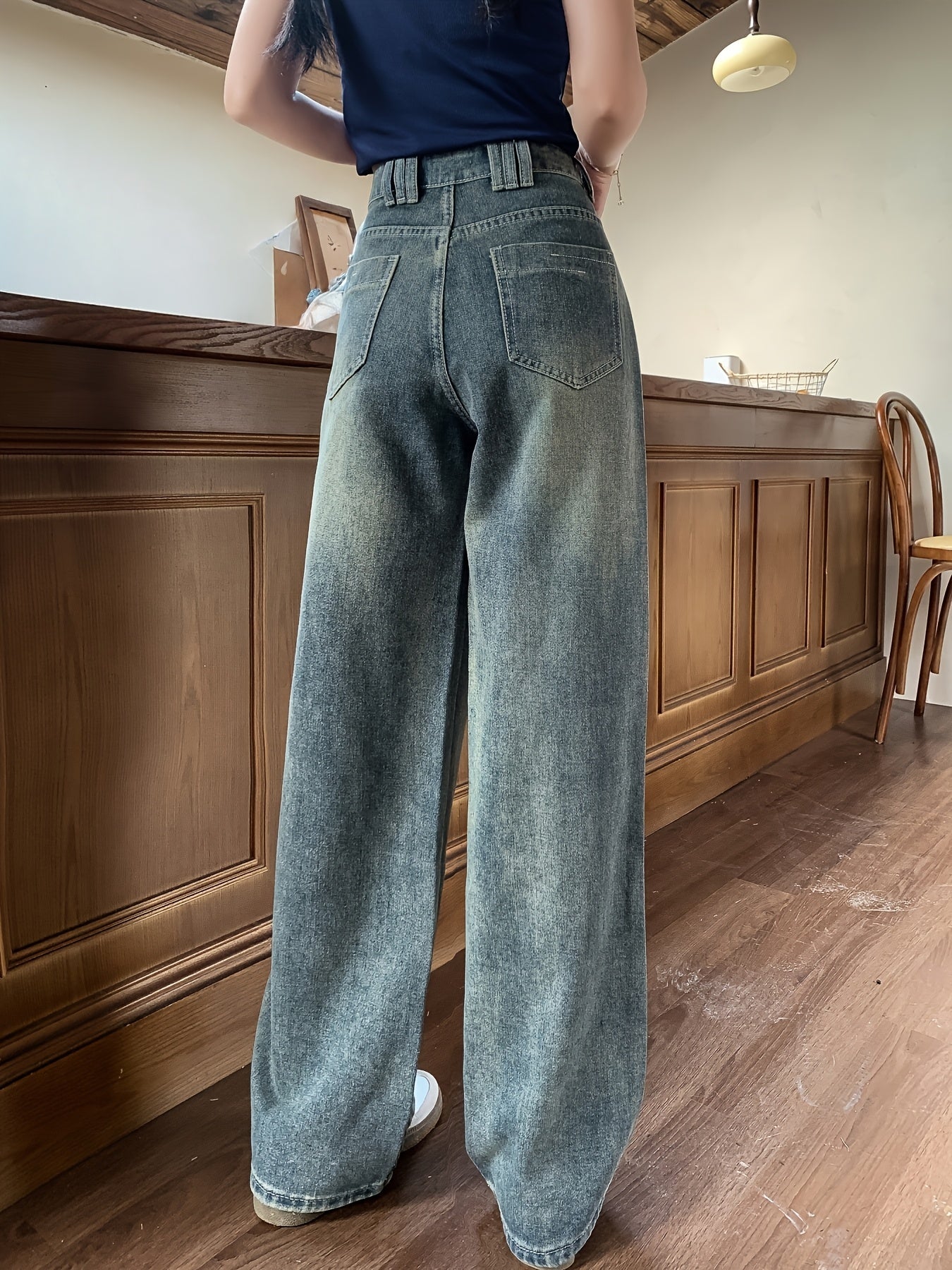 Women'S High-Waisted Straight-Leg Jeans with Back Pocket Embroidery & Waistband Decorations - Vintage Wide-Leg Denim Pants, Non-Stretch Fabric, Geometric Pattern, All-Season Casual Wear, High Waisted Jeans, Comfortable Fit