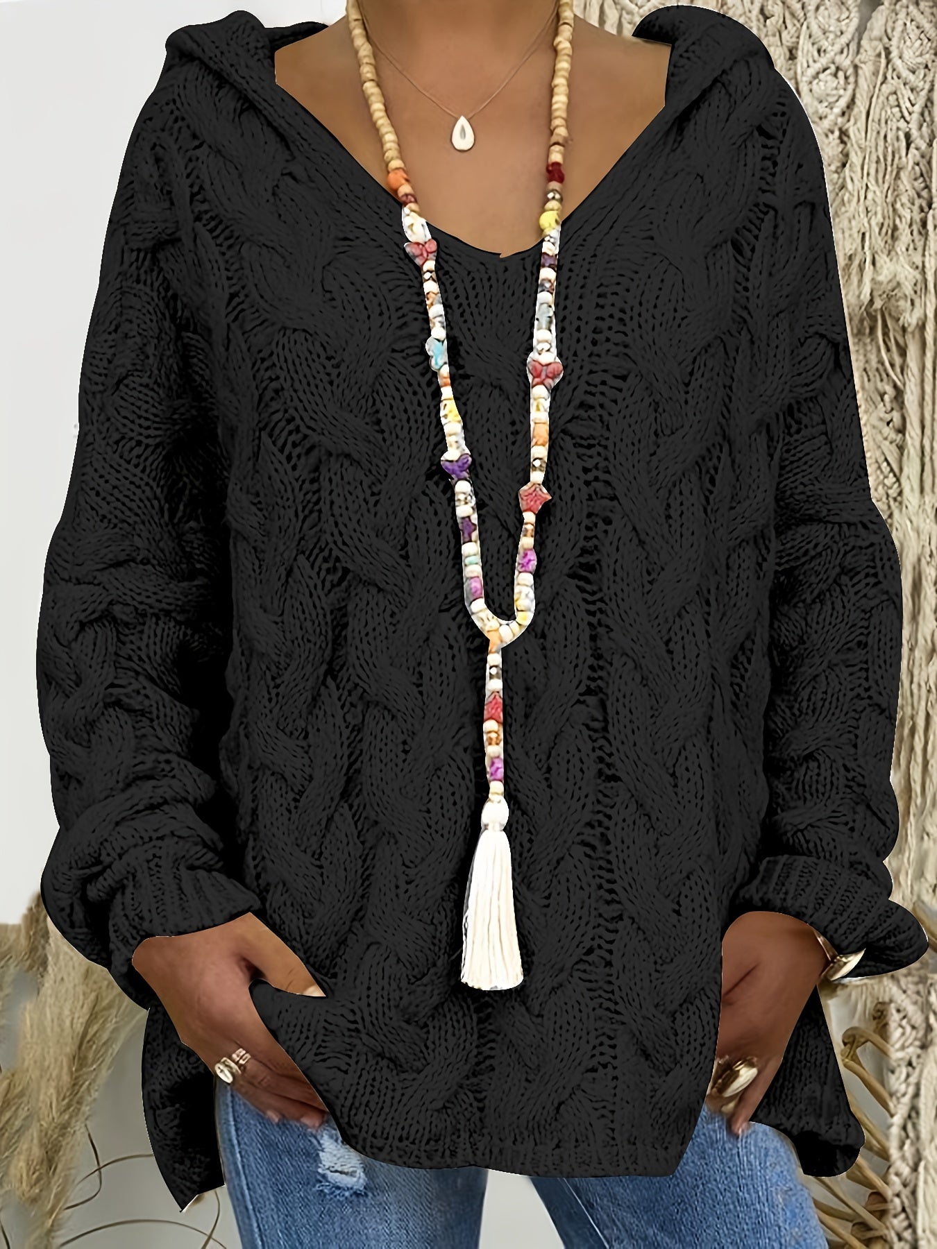 Plus Size Casual Sweater, Women's Plus Solid Hooded Long Sleeve V Neck Knitted Pullover Jumper Top