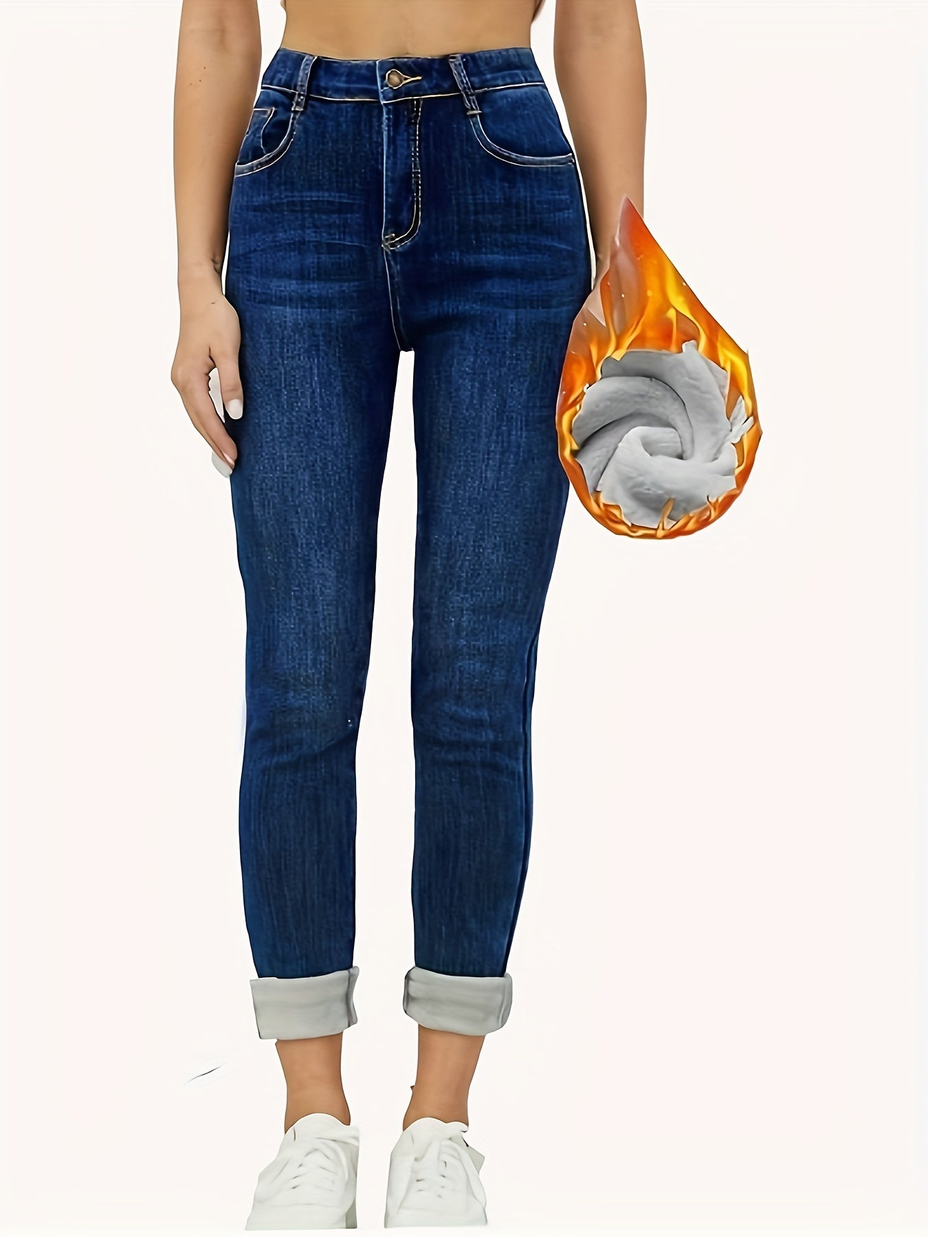 Women'S Cozy Fleece-Lined Slim-Fit Jeans with Flap Pockets - Stretch Denim Long Pants, Casual Style, Button Closure, Gray, Perfect for Fall/Winter, Winter Jeans|Casual Style Jeans|Slim Fit Jeans