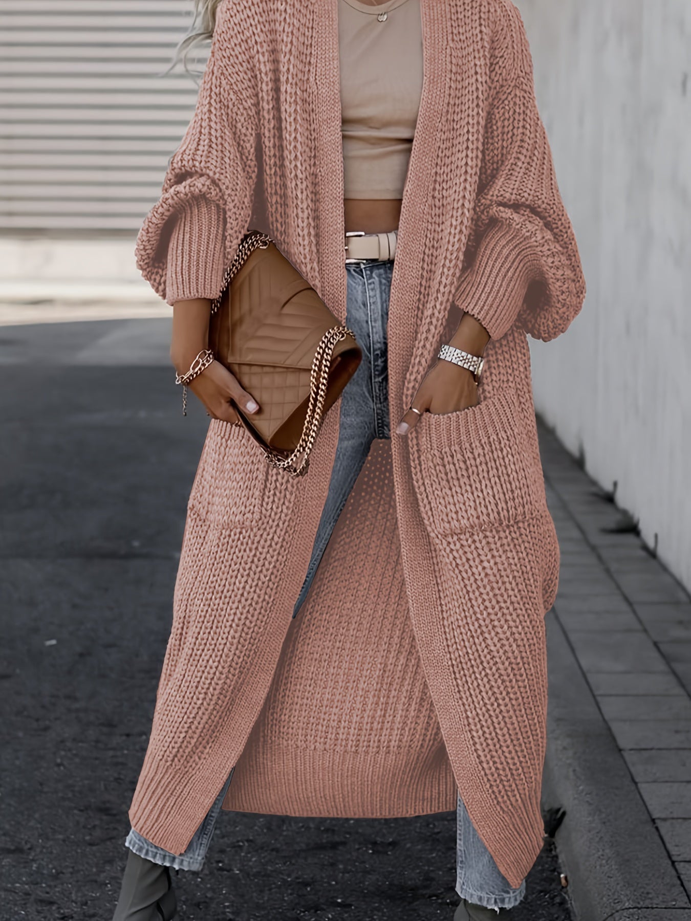 Women's Elegant Deep V-Neck Long Sleeve Cardigan - Solid Color Ribbed Detailing, Medium Stretch Fall Winter Open Front Sweater for Casual & Formal Outfits, Layering Piece, Versatile Fashion, Textured Appearance