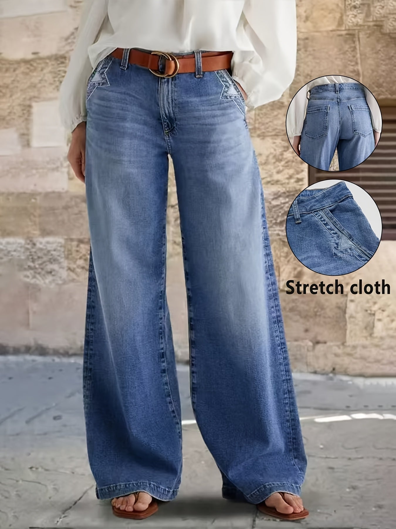 Women'S Stretchy Straight-Leg Wide Leg Jeans, Light Blue Washed Casual Pants with Slanted Pockets, Comfortable Classic Fit for All Seasons, Travel & Daily Wear, Comfortable Fashion | Classic Wide Leg | Medium Stretch Fabri