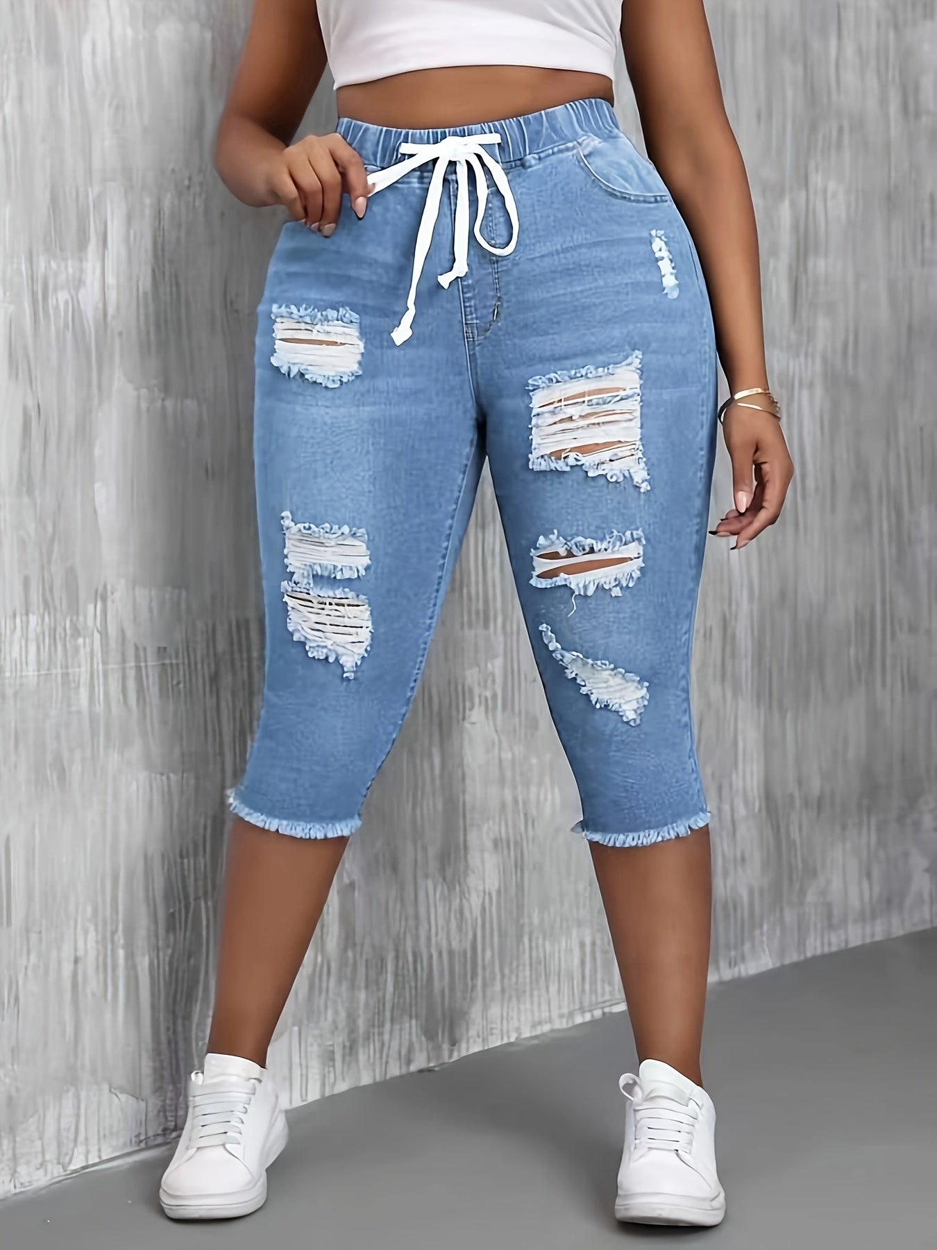 Women's Stretchy Elastic Waist Ripped Denim Pants With Drawstring, Raw Hem Distressed Plain Washed Capri Jeans