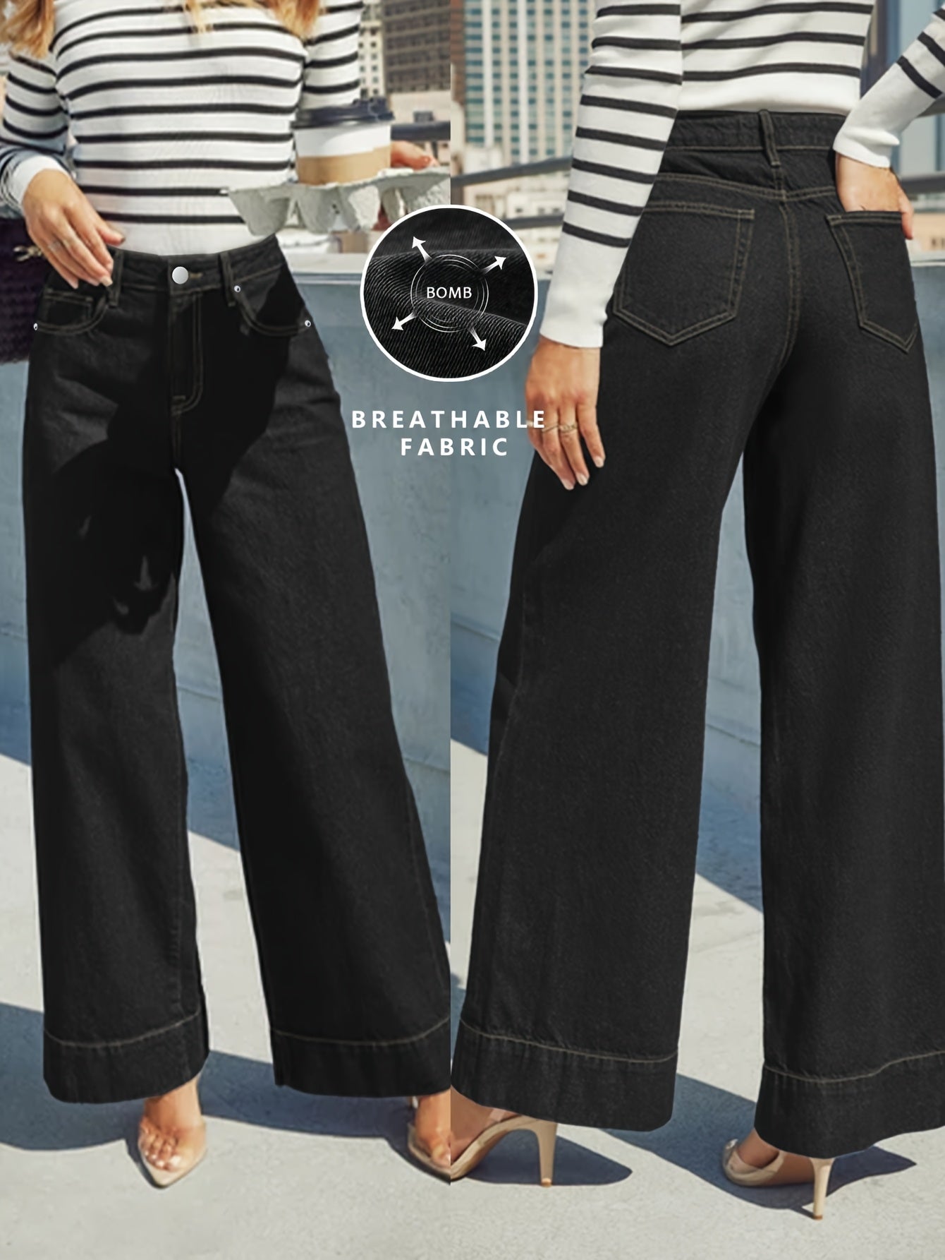Women'S High Stretch Denim Wide Leg Jeans - Elegant Blue Washed Straight Leg, Mid Rise Comfort Trousers with Button Fly, Soft Breathable Fabric, Versatile Casual & Mature Style, Straight Leg Cut, Long Length Jeans | Classic Blue | High Elasticity Fabri