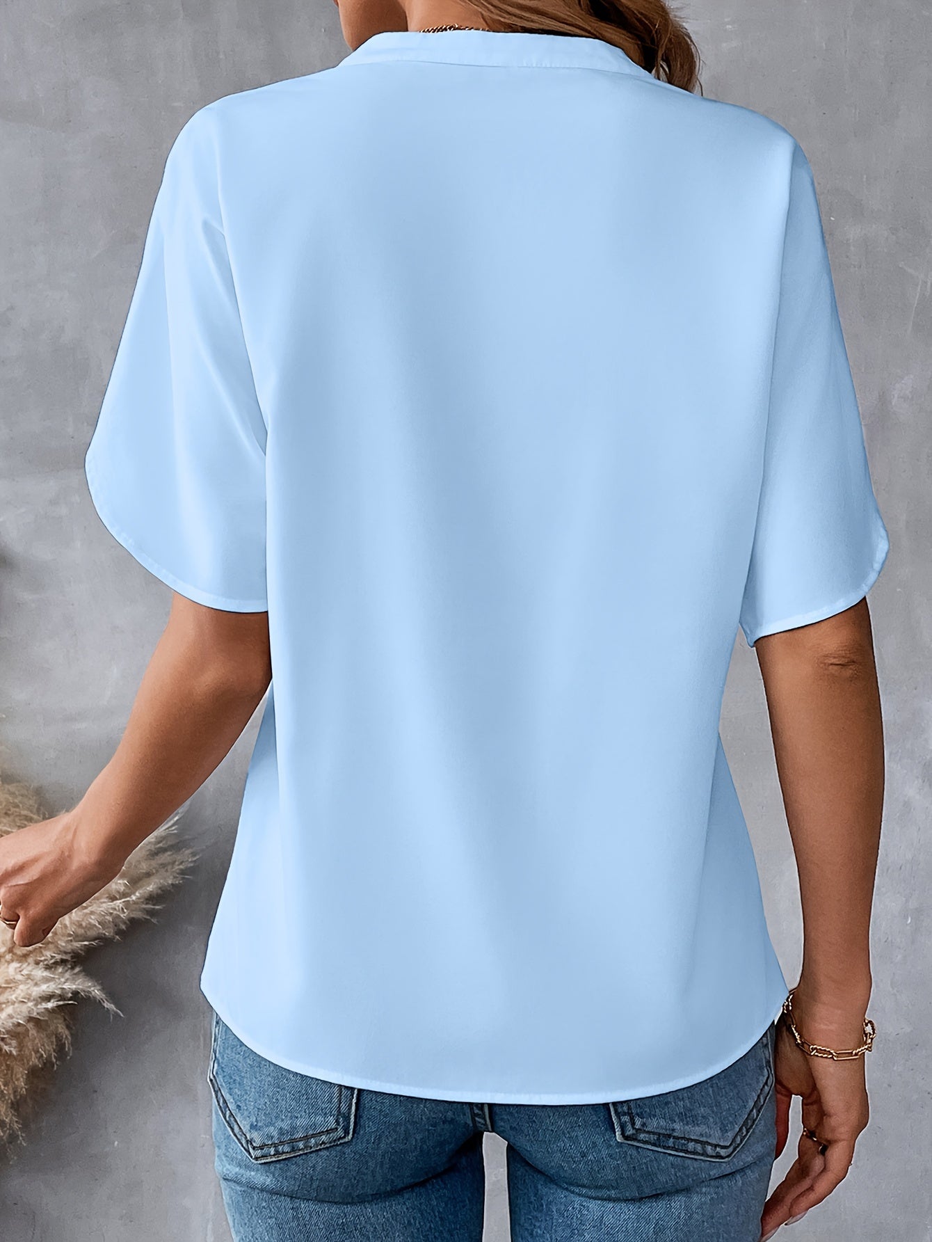 Bluse Notch Hals Korte Split Særmer Solid Farve Til Sommer