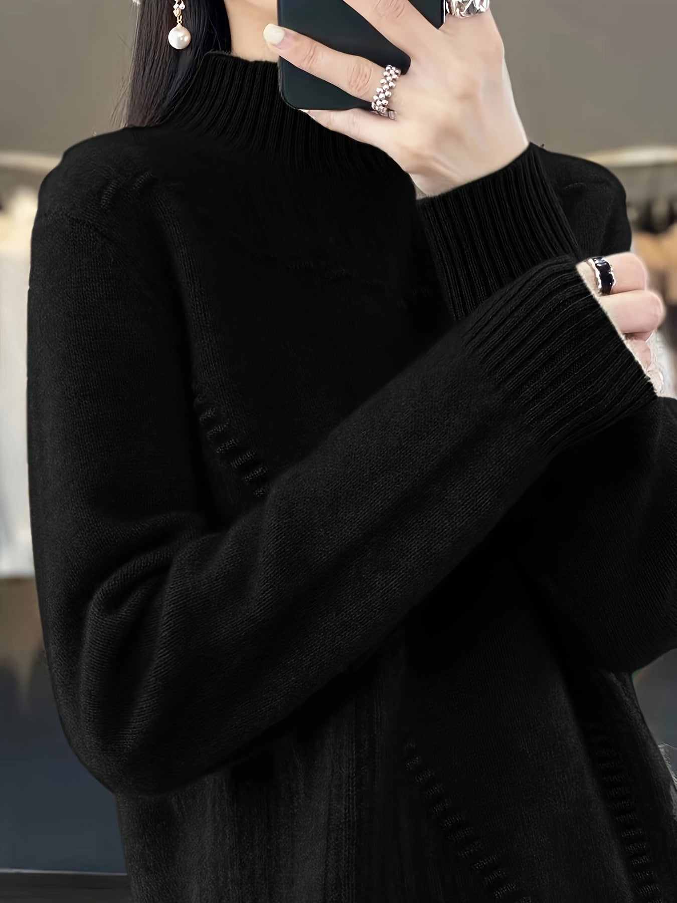 Plus Size Women's Half-Turtleneck Sweater - Soft Sleeve Pullover, Solid Black Casual Chic Top, Machine Washable All-Season Versatile Wardrobe, Everyday Pullover, Minimalist Design, Ribbed Texture