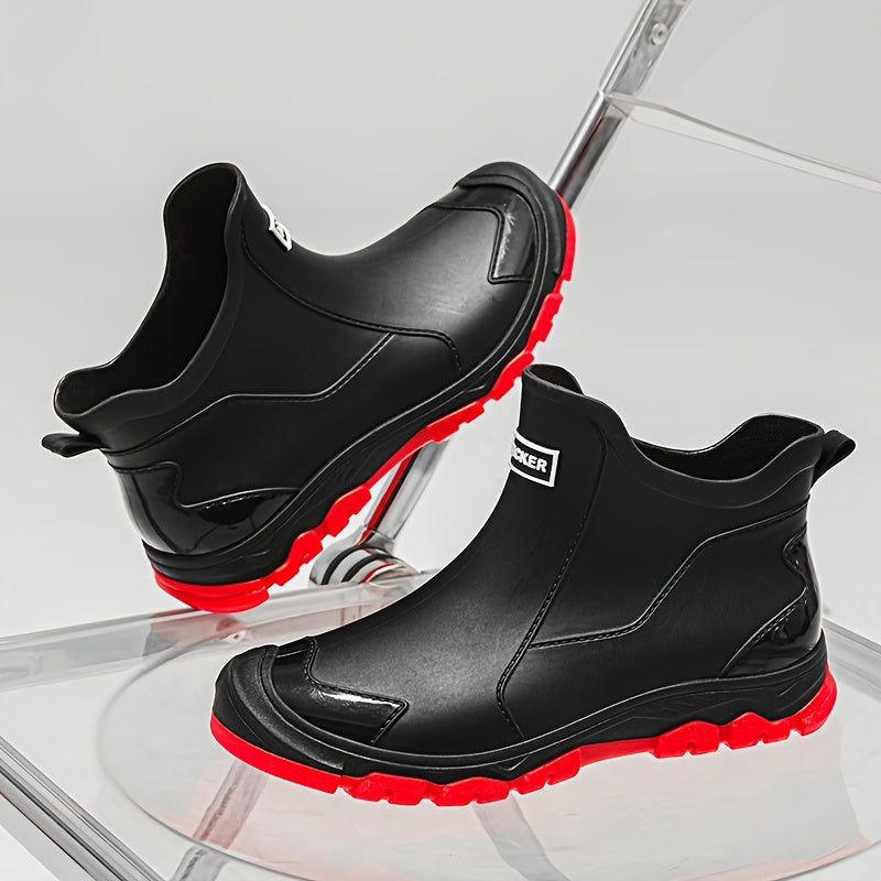 Women's Lightweight EVA Slip-On Rain Boots - High Quality Chef-Style Ankle Boots with Red Sole Accents for Kitchen, Fishing, Car Washing & Outdoor Work (Black), Ladies Low Heel Boots, Textured Grip Footwear