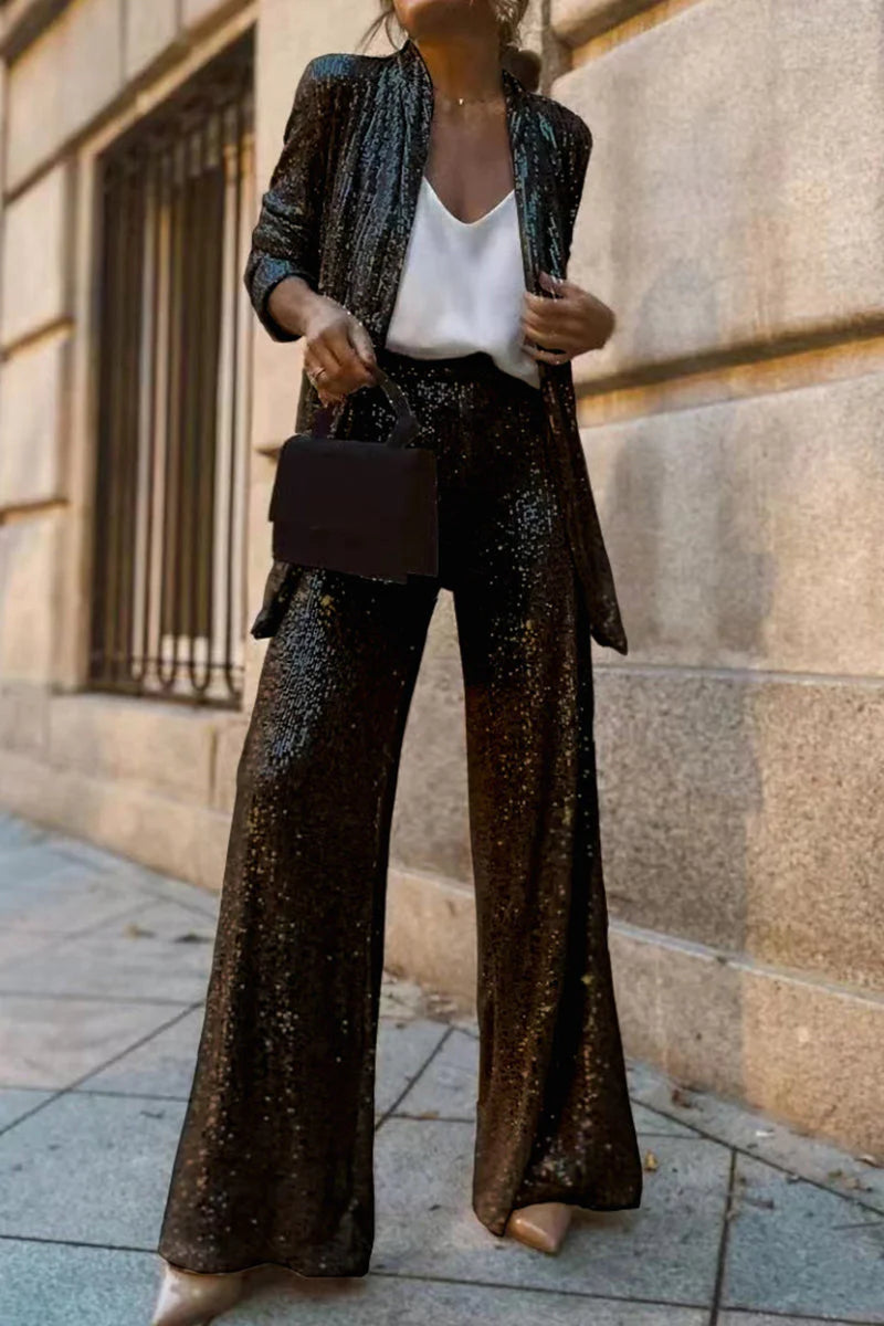 Women’S Sequin Blazer Suit – Tailored Fit – High-Waisted Wide-Leg Trousers – Party Wear