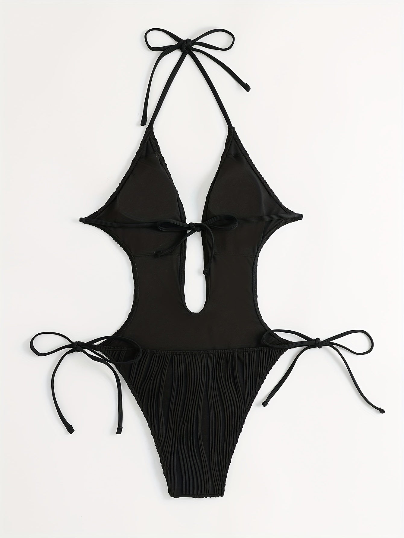 Chic Backless Halter One-Piece Swimsuit for Women - Sexy, High Stretch, Solid Color with Tie Detail, Machine Washable