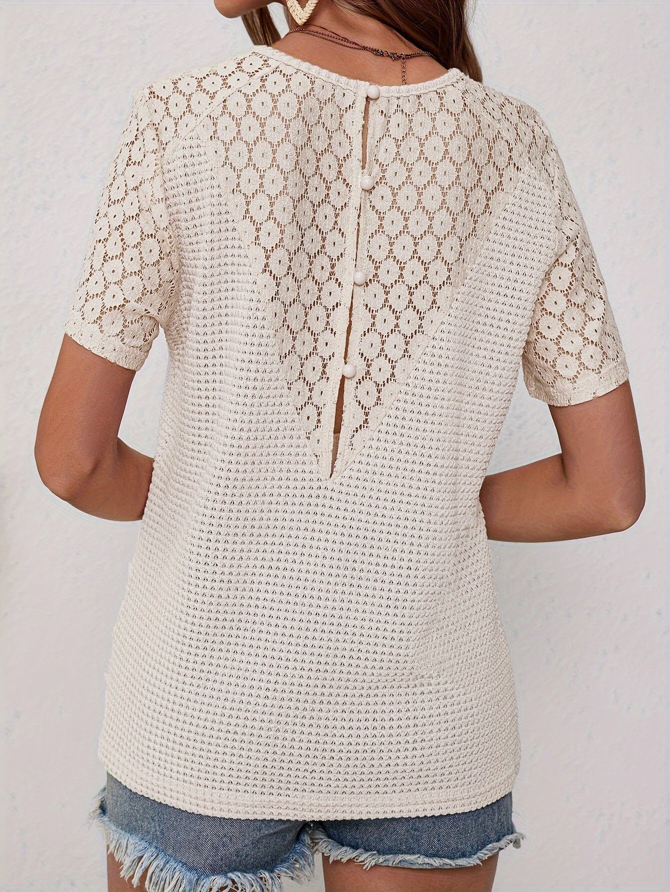 Contrast Lace Hollow Out T-shirt, Elegant Short Sleeve V Neck T-shirt For Spring & Summer, Women's Clothing