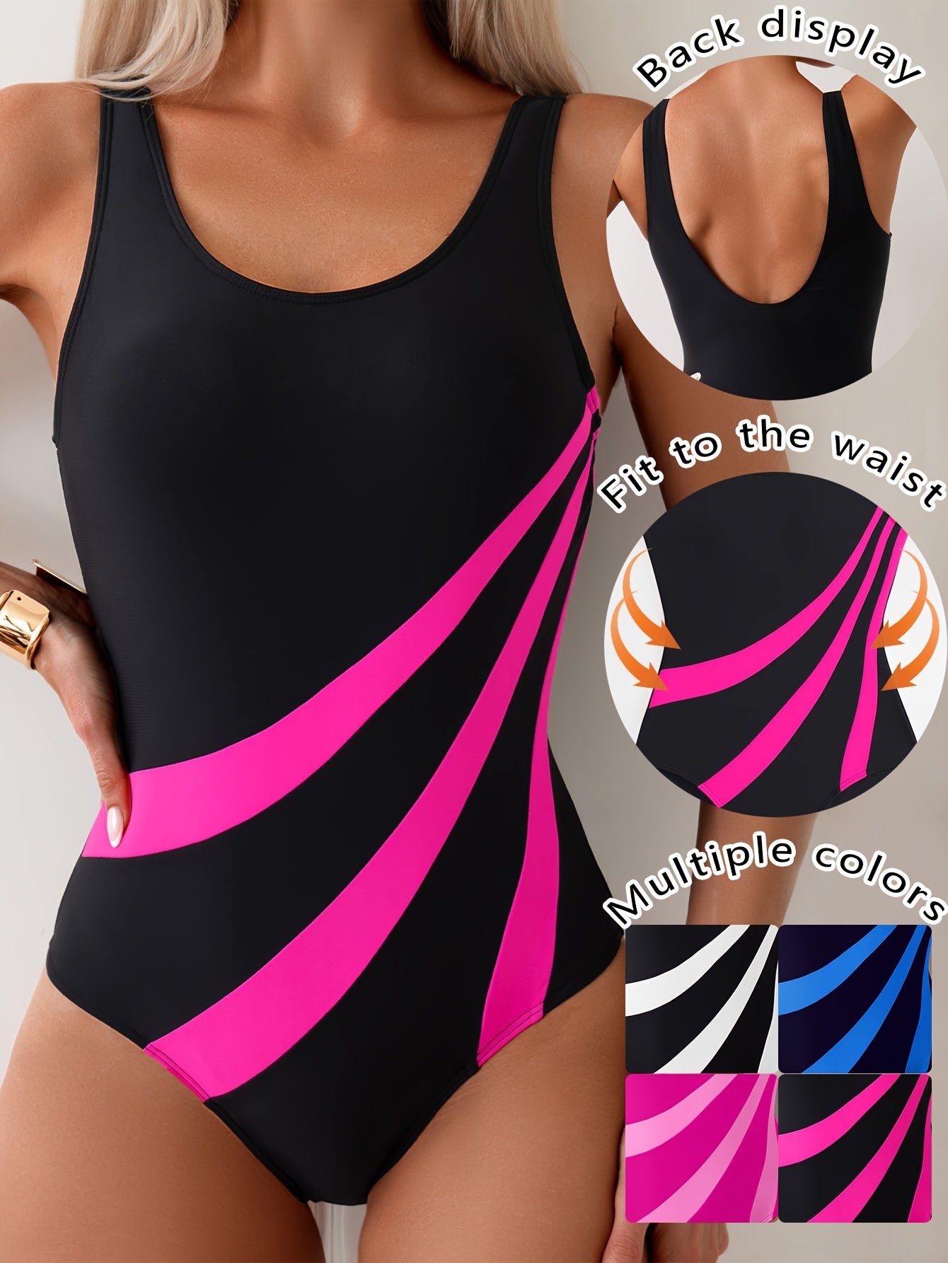 Women's High-Elasticity Sports Bathing Suit - Asymmetrical Black & Pink One-Piece Swimsuit with Removable Chest Pads, Push-Up Technology & Machine Washable Design for Swimming, Beach, Water Aerobics, Bathing Suit Tops, Beachwear Essentials, Sleek Onepiec