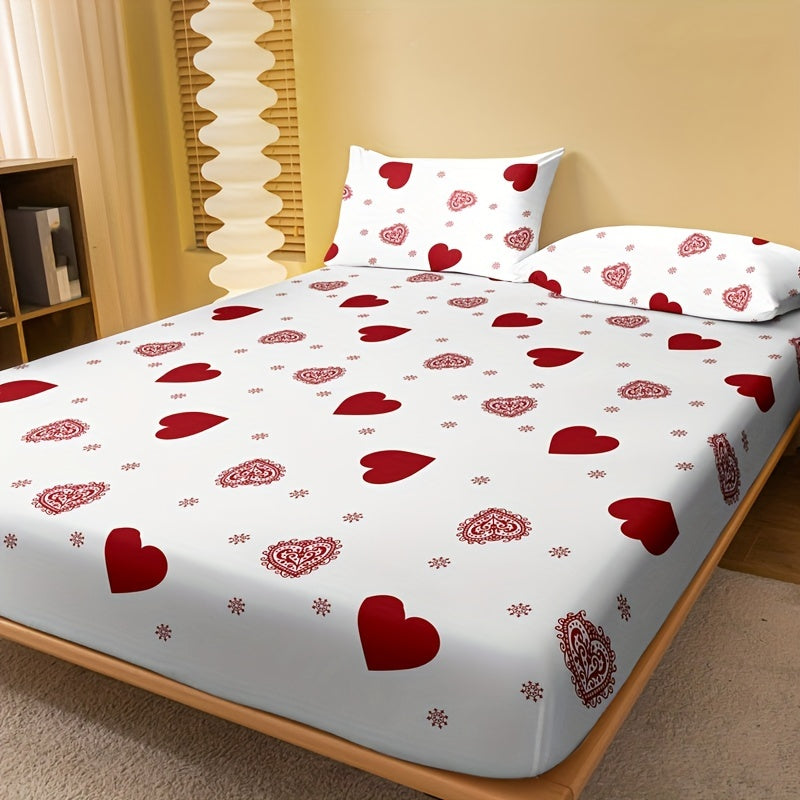 1pc Love Print Brushed Fitted Sheet, Soft Comfortable Bedding Mattress Cover, For Bedroom Guest Room Student Dorm, With Deep Pocket, Fitted Bed Sheet Only