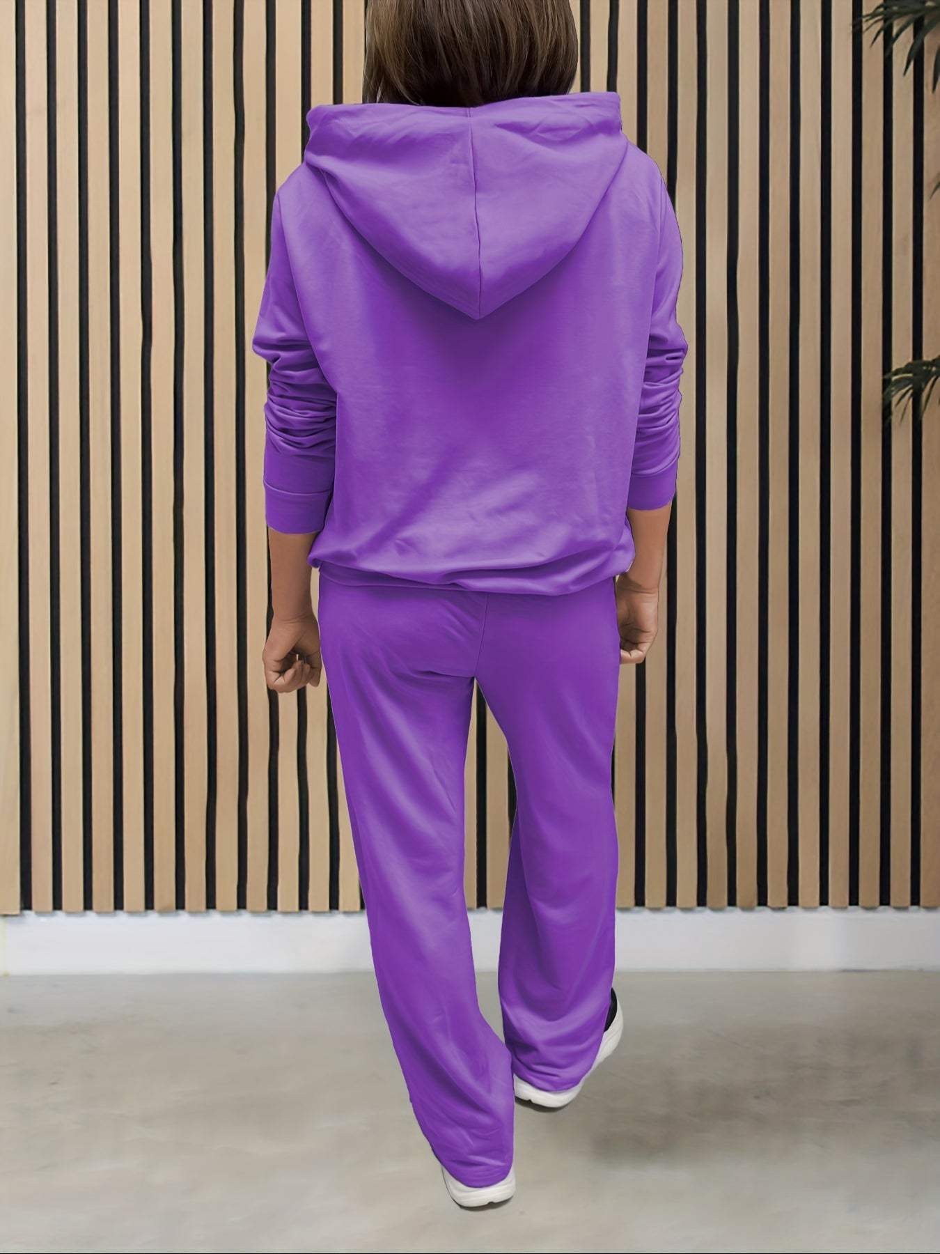 Solid Color Casual Set, Long Sleeve Hooded Drawstring Sweatshirt & Straight Leg Pants, Women's Clothing
