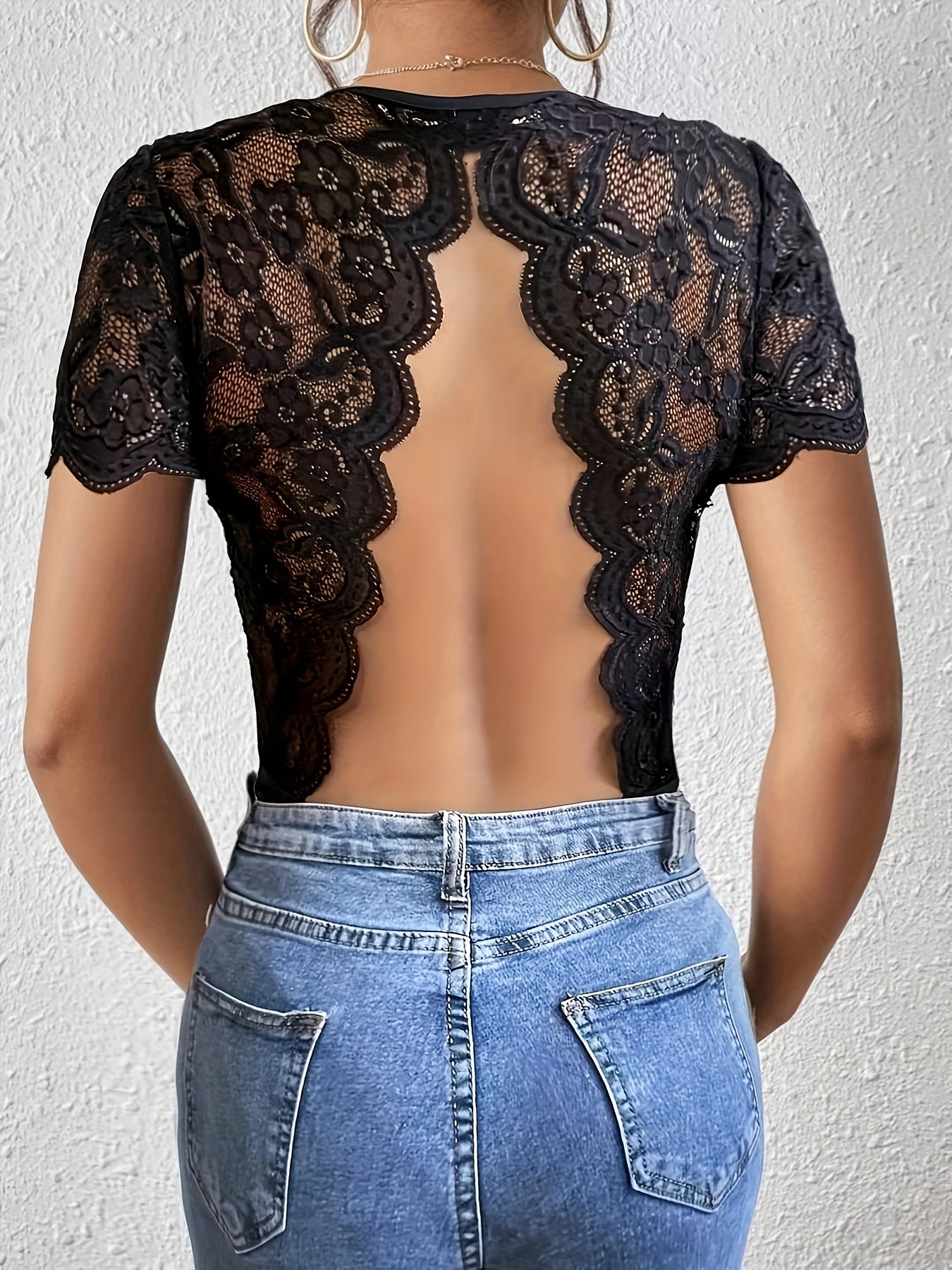 Contrast Lace Backless Bodysuit, Y2K Crew Neck Short Sleeve Bodysuit For Spring & Summer, Women's Clothing