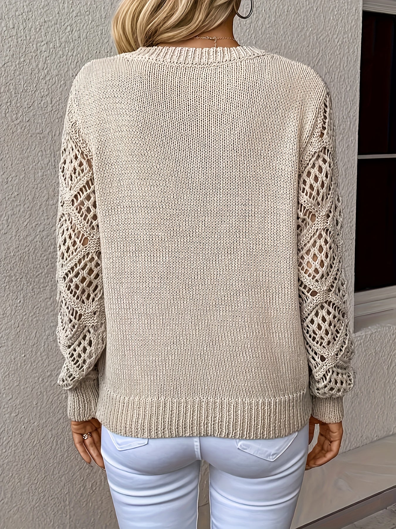 Hollow Out V Neck Pullover Sweater, Elegant Long Sleeve Knit Sweater, Women's Clothing