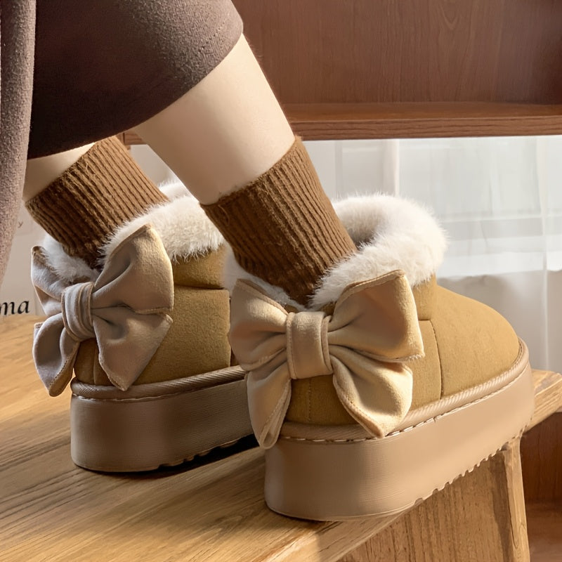 3 Sizes Available, One Style, Winter Warm Women'S Snow Boots with Bow, Thick Sole Slippers for Outdoor Fashion, Plush Indoor Home Shoes