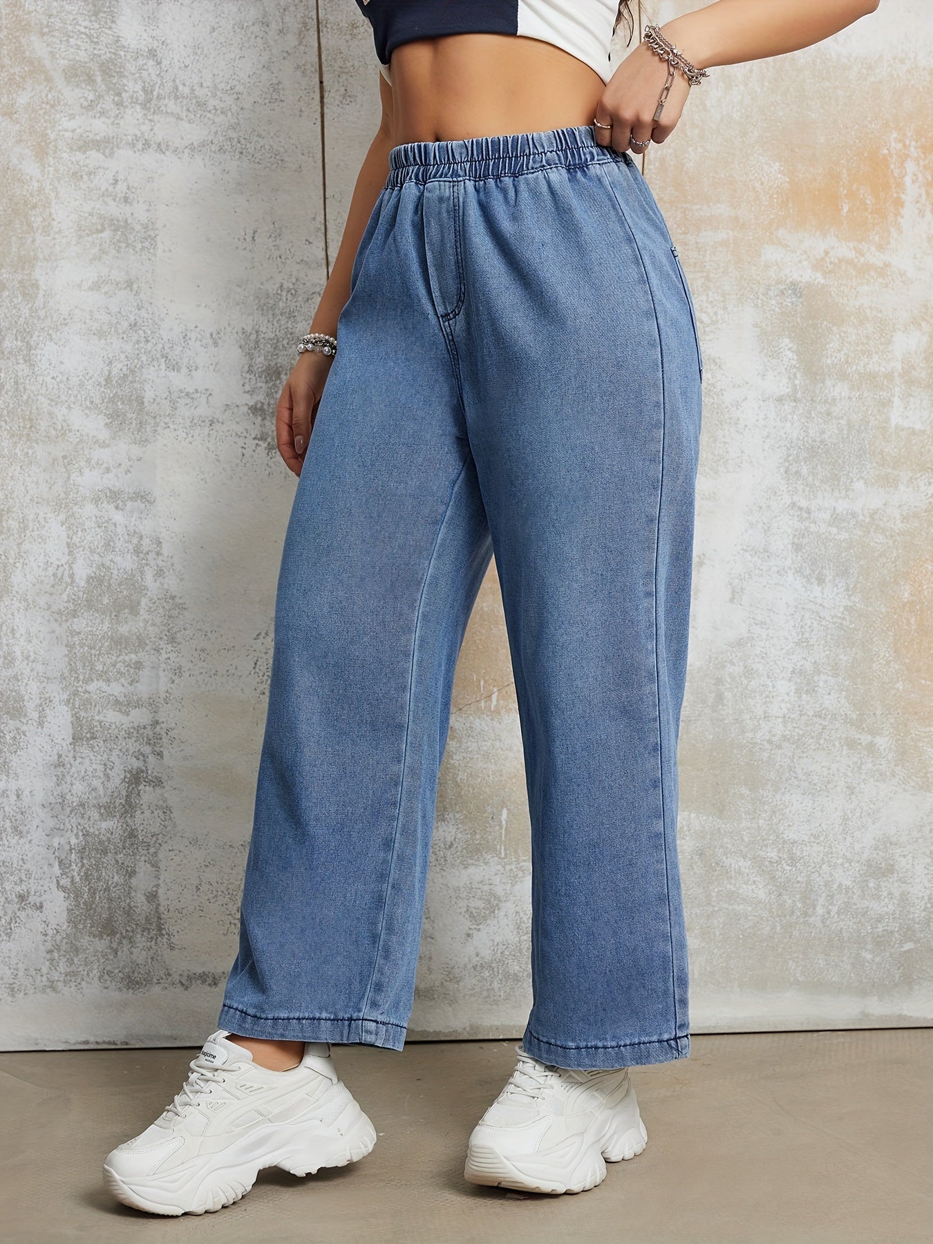 Elastic Waist Loose Fit Denim Pants, Plain Washed Blue Wide Leg Jeans, Women's Denim Jeans & Clothing For Fall