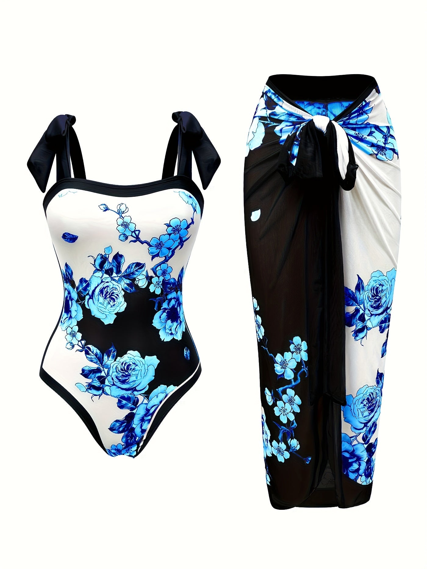 Elegant Floral Print Swimsuit Set - Two-Piece, High-Stretch Fabric, Square Neck, Bow Detail, All-Season Beachwear, UFJUFJ, Beach Swimsuit|Floral Swimsuit|Stretchy Fabric