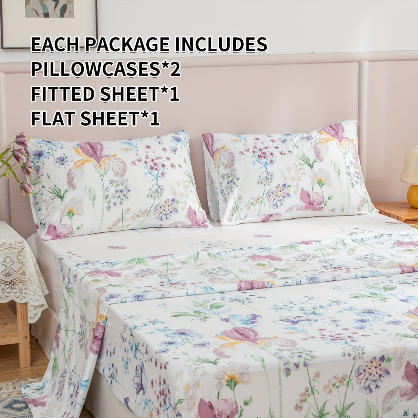 4pcs Flower Printed Fitted Sheet Set, Bedding Set For Bedroom Guest Room Hotel ( 1*Flat Sheet + 1*Fitted Sheet + 2*pillowcase, Without Core)