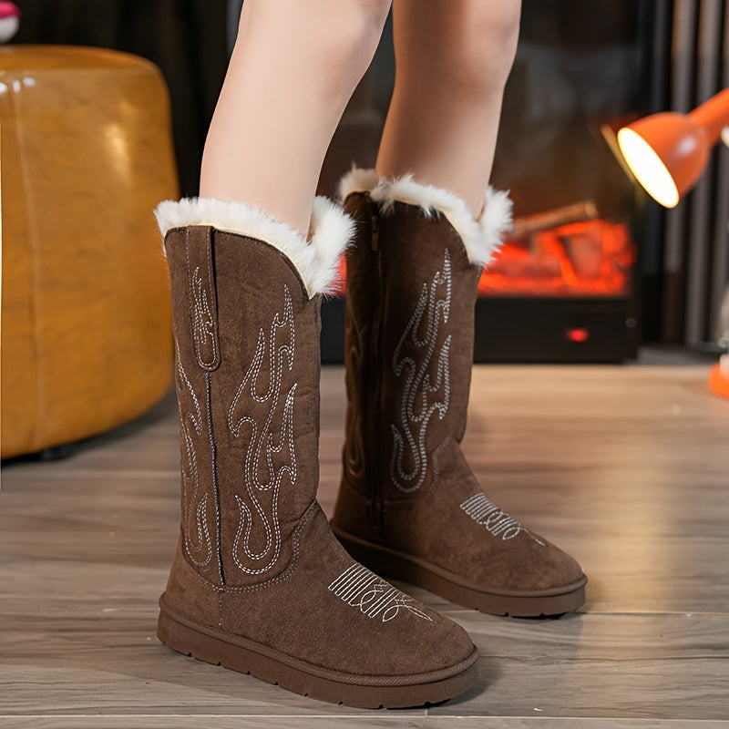 Women's Western Cowboy Style Plush-Lined Winter Snow Boots with Design, Thick Sole, Side Zipper, Warm & Stylish for Cold Weather, Cozy Indoor Boots | Western Cowboy Boots, Cowgirl Boots