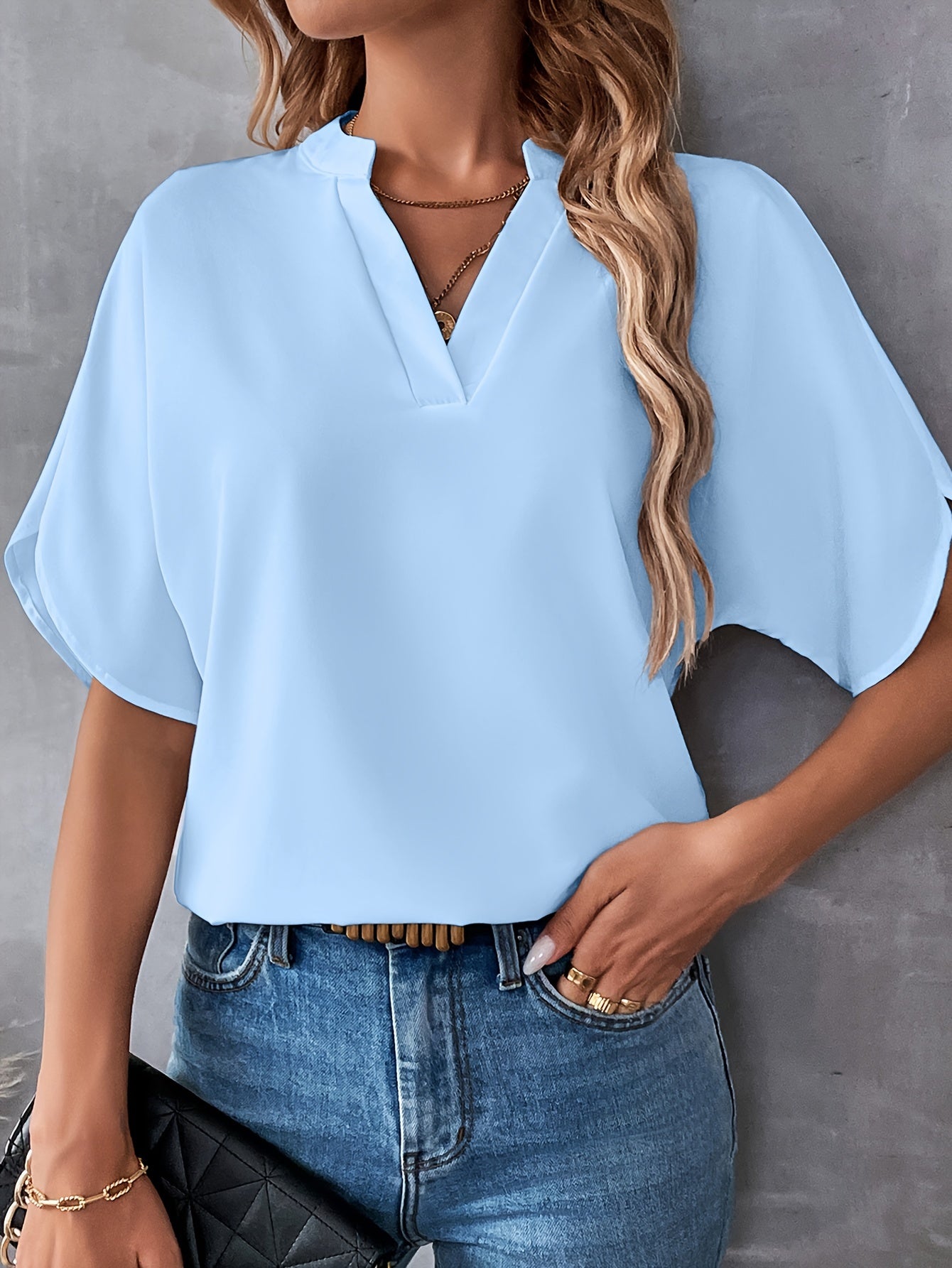 Solid Color Notch Neck Blouse, Casual Short Split Sleeve Blouse For Spring & Summer, Women's Clothing