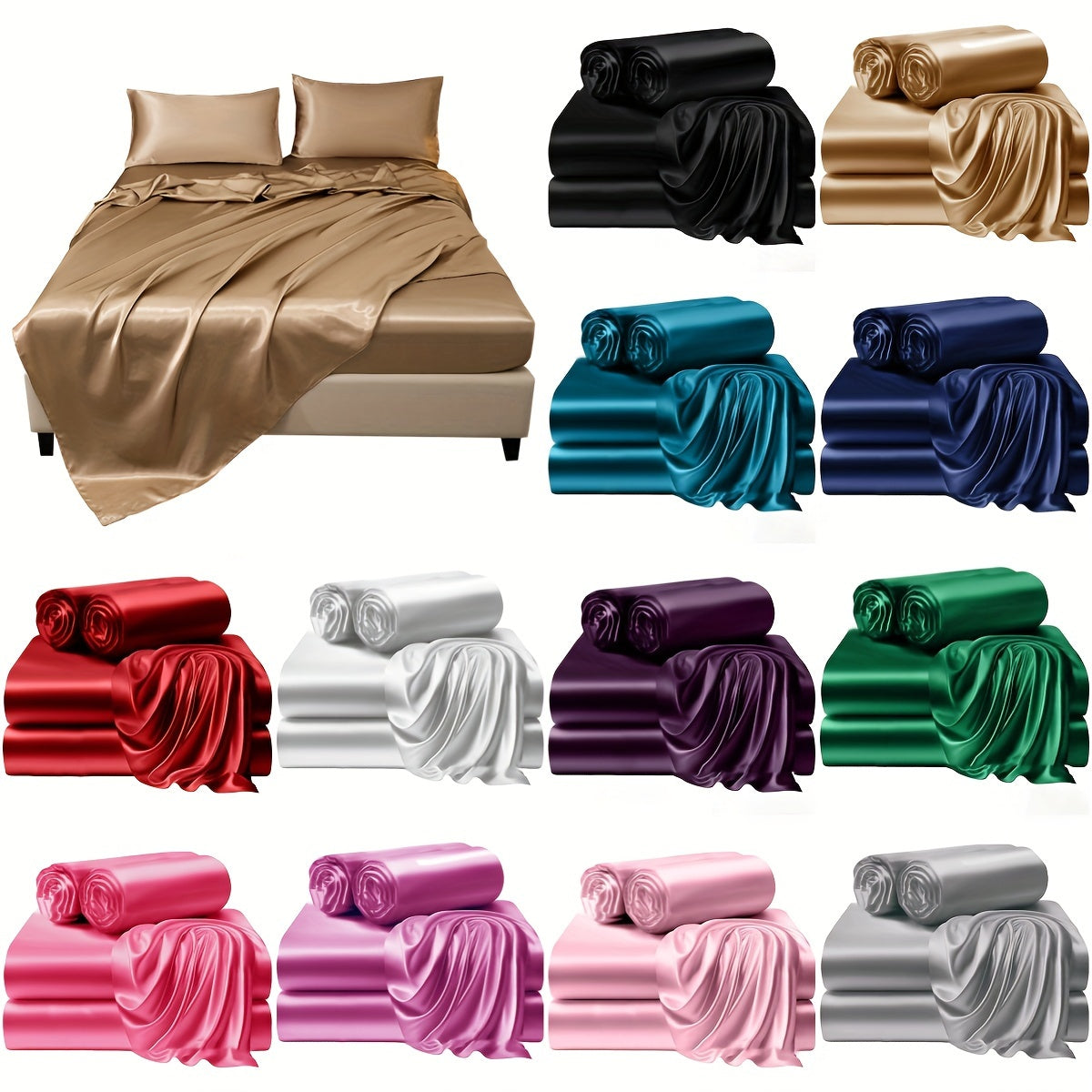 4pcs 100% Polyester 80G Satin Fitted Sheet Set [1 Fitted Sheet + 1 Bed Sheet + 2 Pillowcases (Coreless)] Silky Soft Fabric, Versatile for Bedrooms in All Seasons, No Shrinkage, No Pilling, Machine Washable, Light Luxury High-End Fitted Sheet, Student Dor