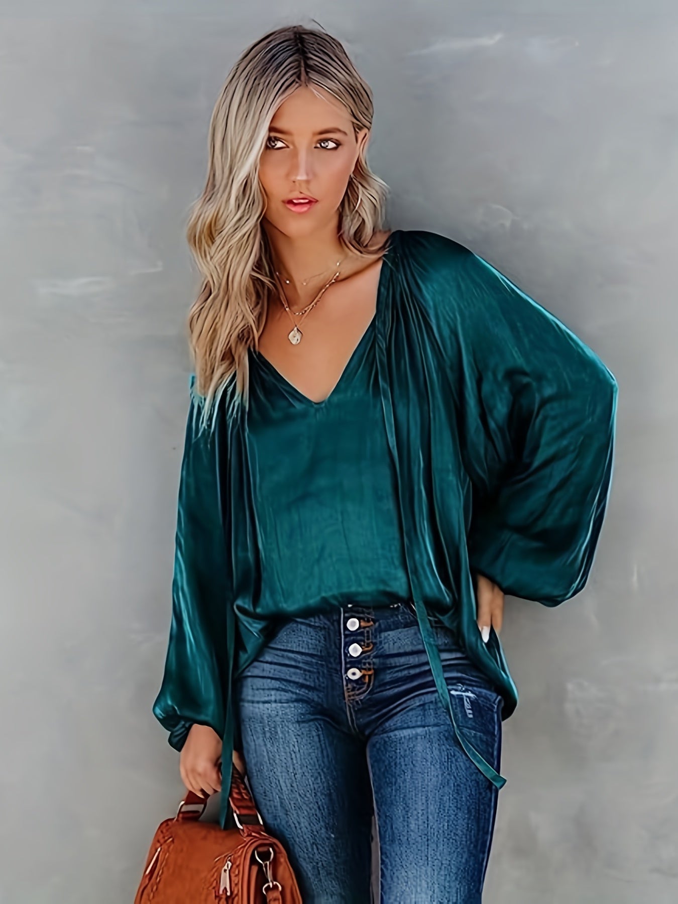 Women's Elegant Red Formal & casual long sleeve blouse - V-Neck Blouse, Machine Washable Non-Transparent Top for Office, Party, Everyday Outfits - All-Season Women's Clothing